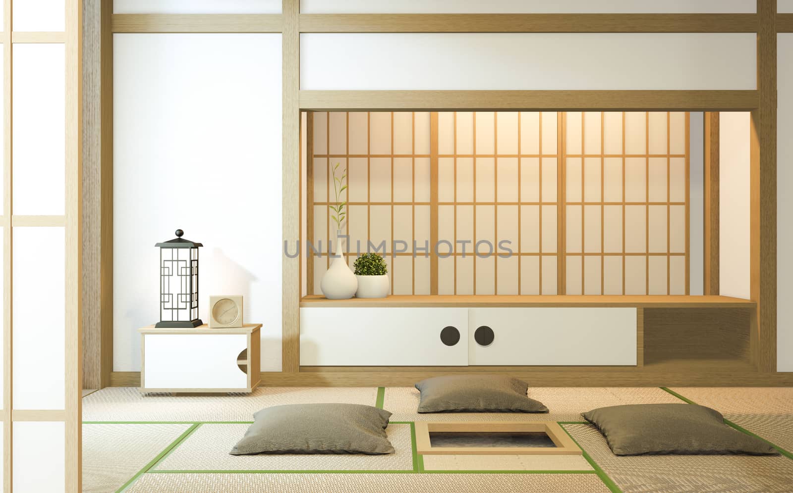 Nihon room design interior with door paper and cabinet shelf wall on tatami mat floor room japanese style. 3D rendering