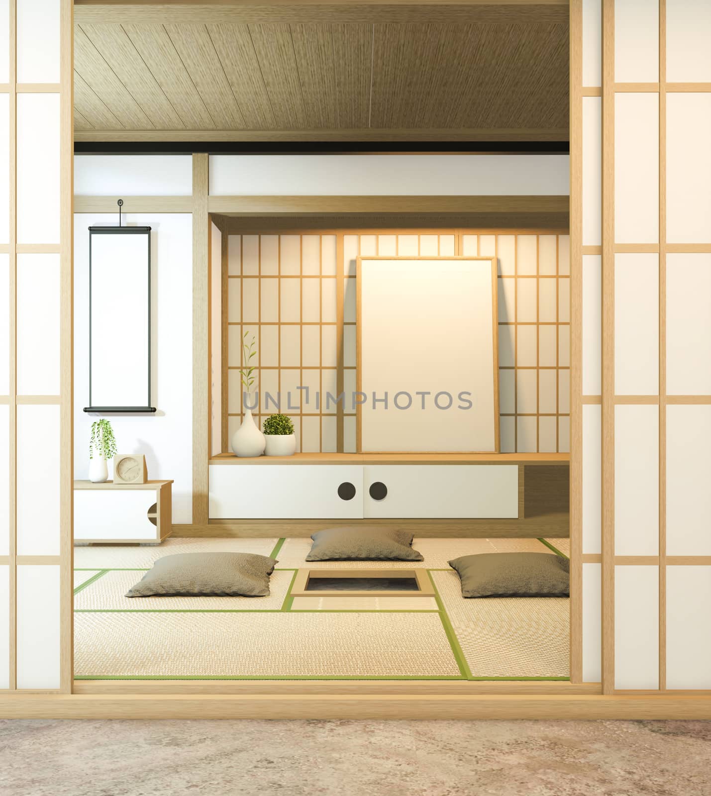 Nihon room design interior with door paper and cabinet shelf wall on tatami mat floor room japanese style. 3D rendering