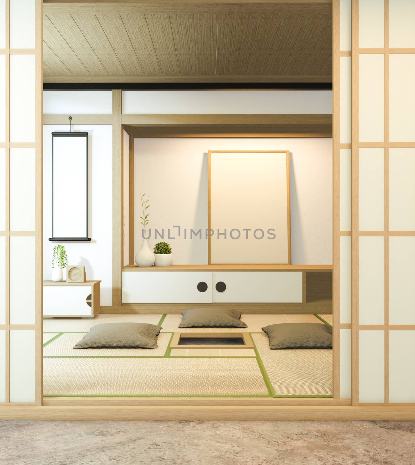 Nihon room design interior with door paper and cabinet shelf wall on tatami mat floor room japanese style. 3D rendering