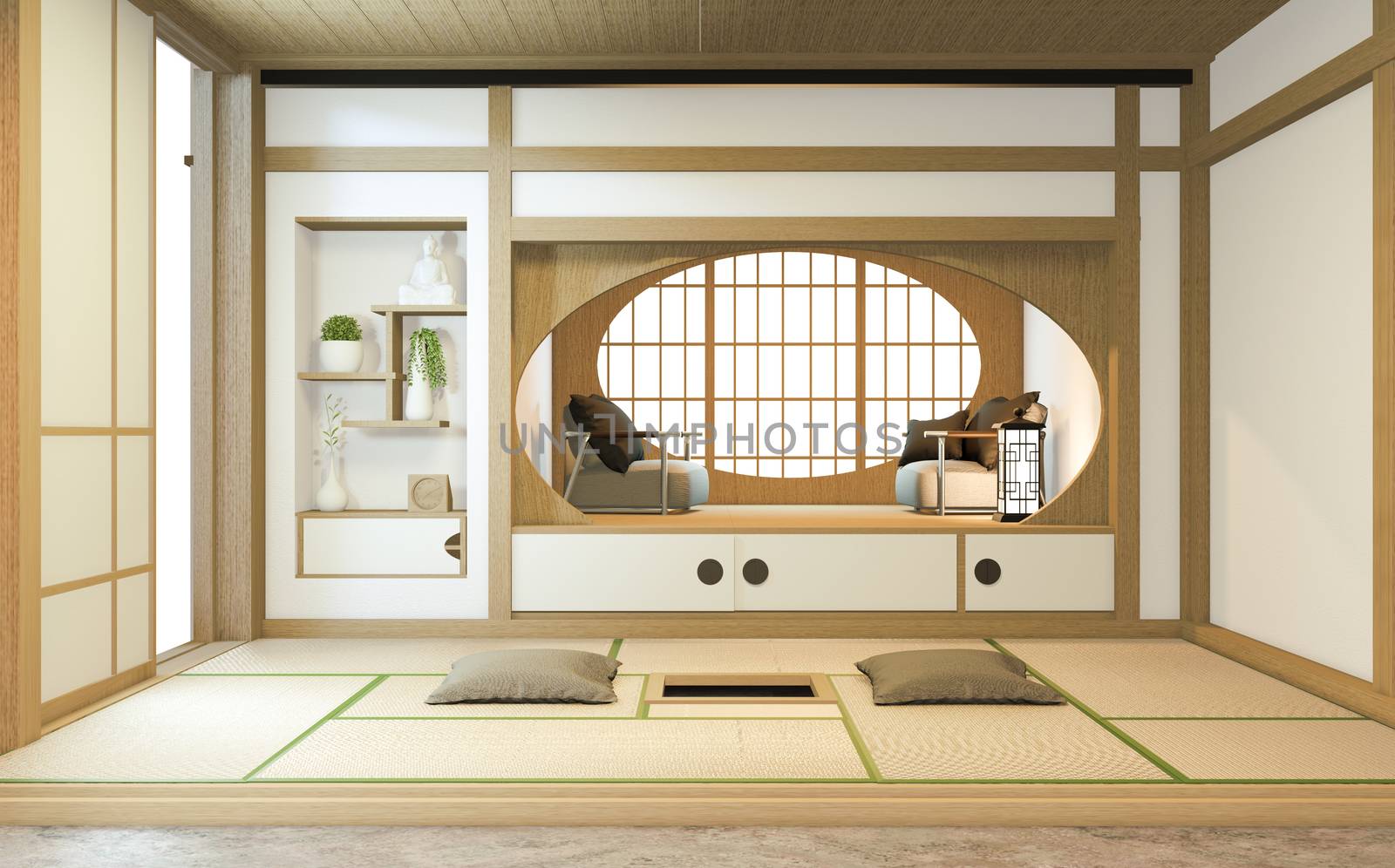 Nihon room design interior with door paper and cabinet shelf wall on tatami mat floor room japanese style. 3D rendering