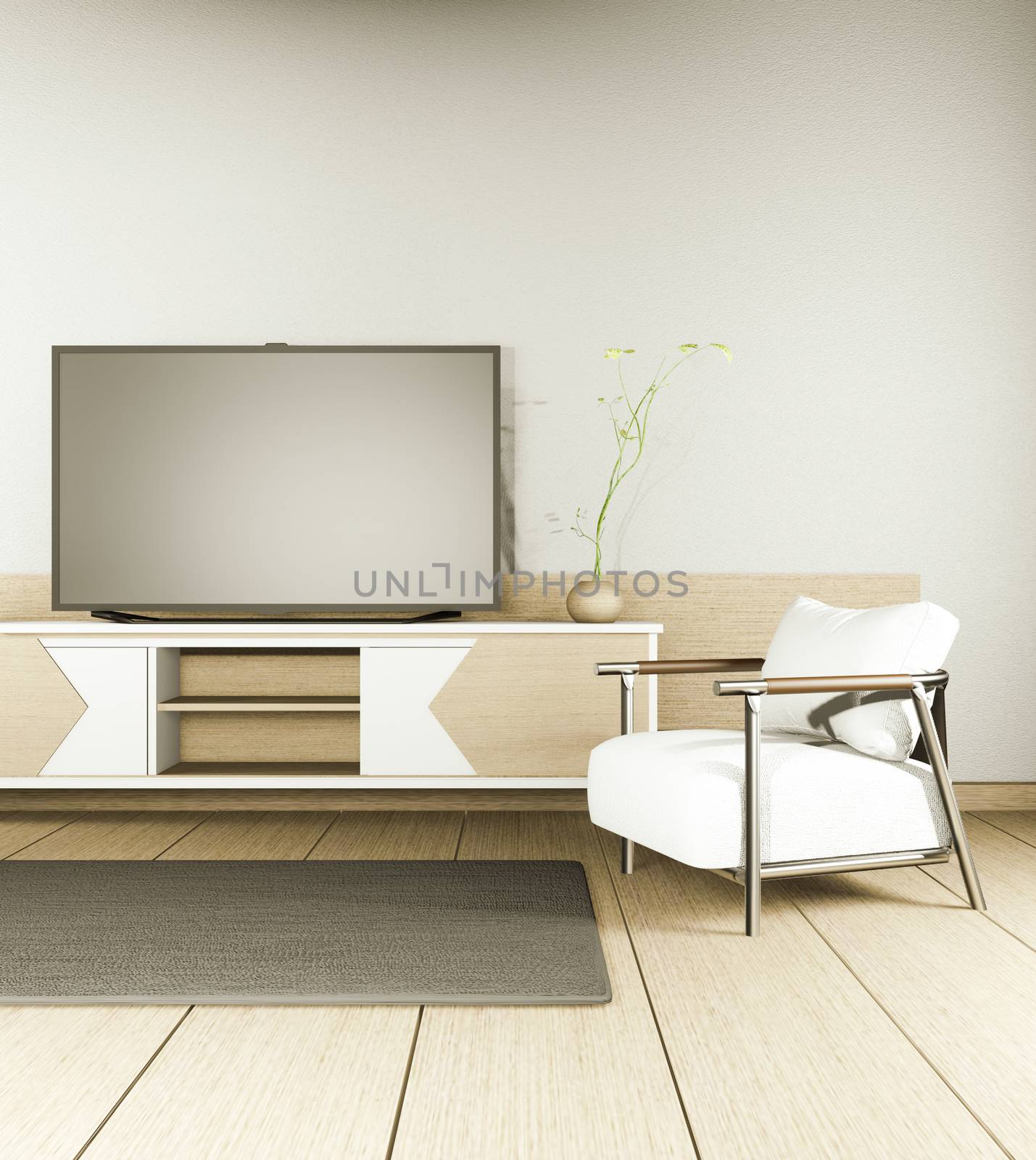 TV cabinet and display japanese interior of living room and the black background for editing. 3d rendering