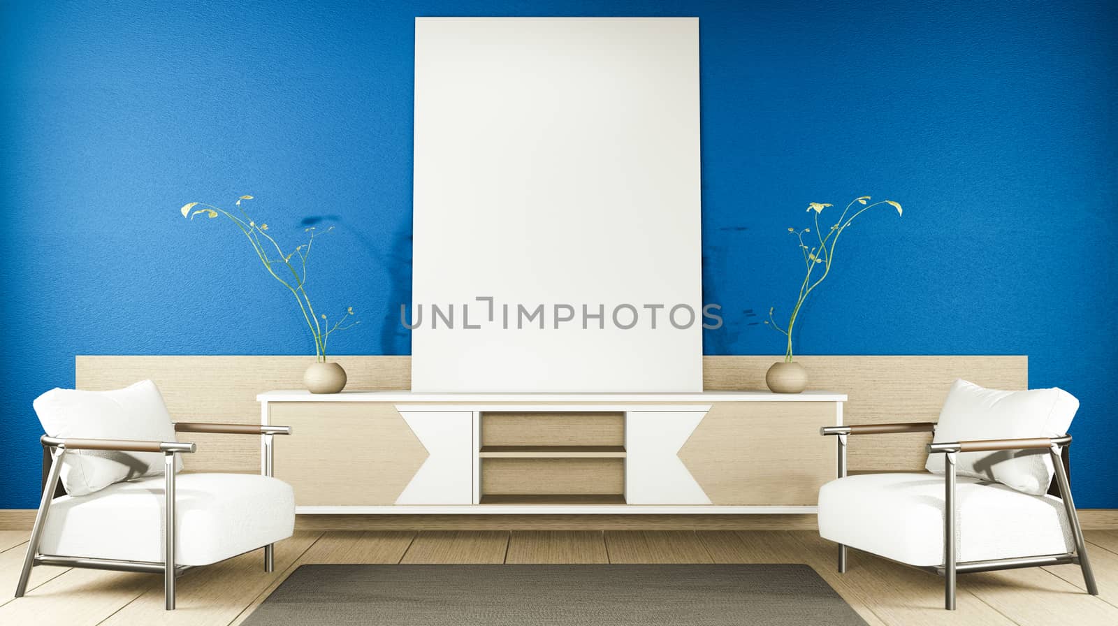 zen modern empty dark blue room,minimal design japanese style. 3d rendering