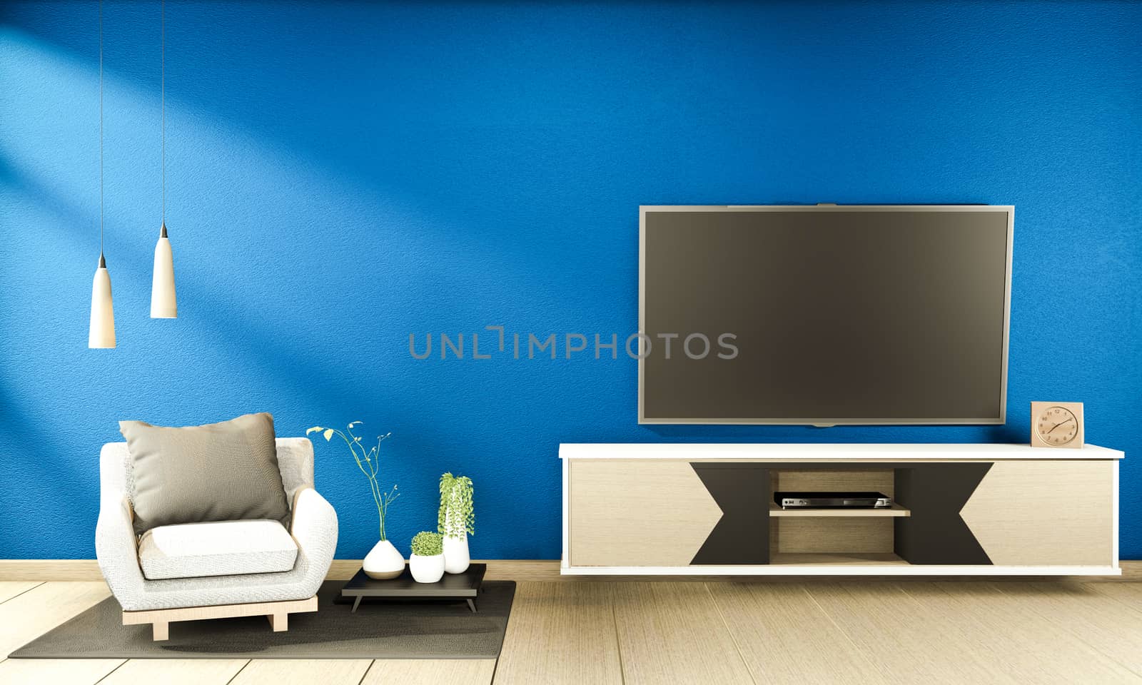 cabinet mock up japanese interior of blue dark living room. 3d rendering