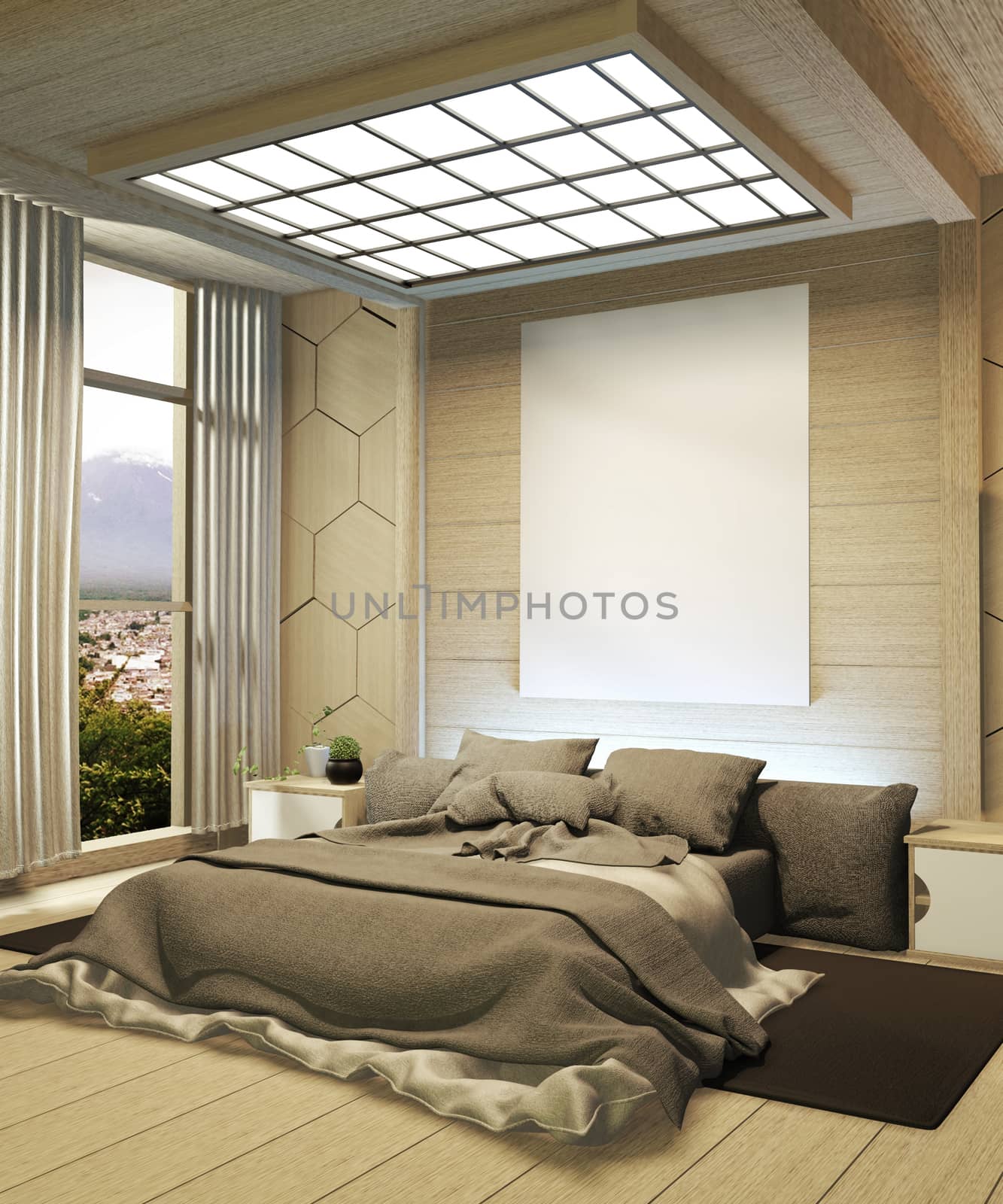 The modern bedroom is luxurious, Japanese style and looks at Mount Fuji in the window and can be edited with a view. 3D rendering