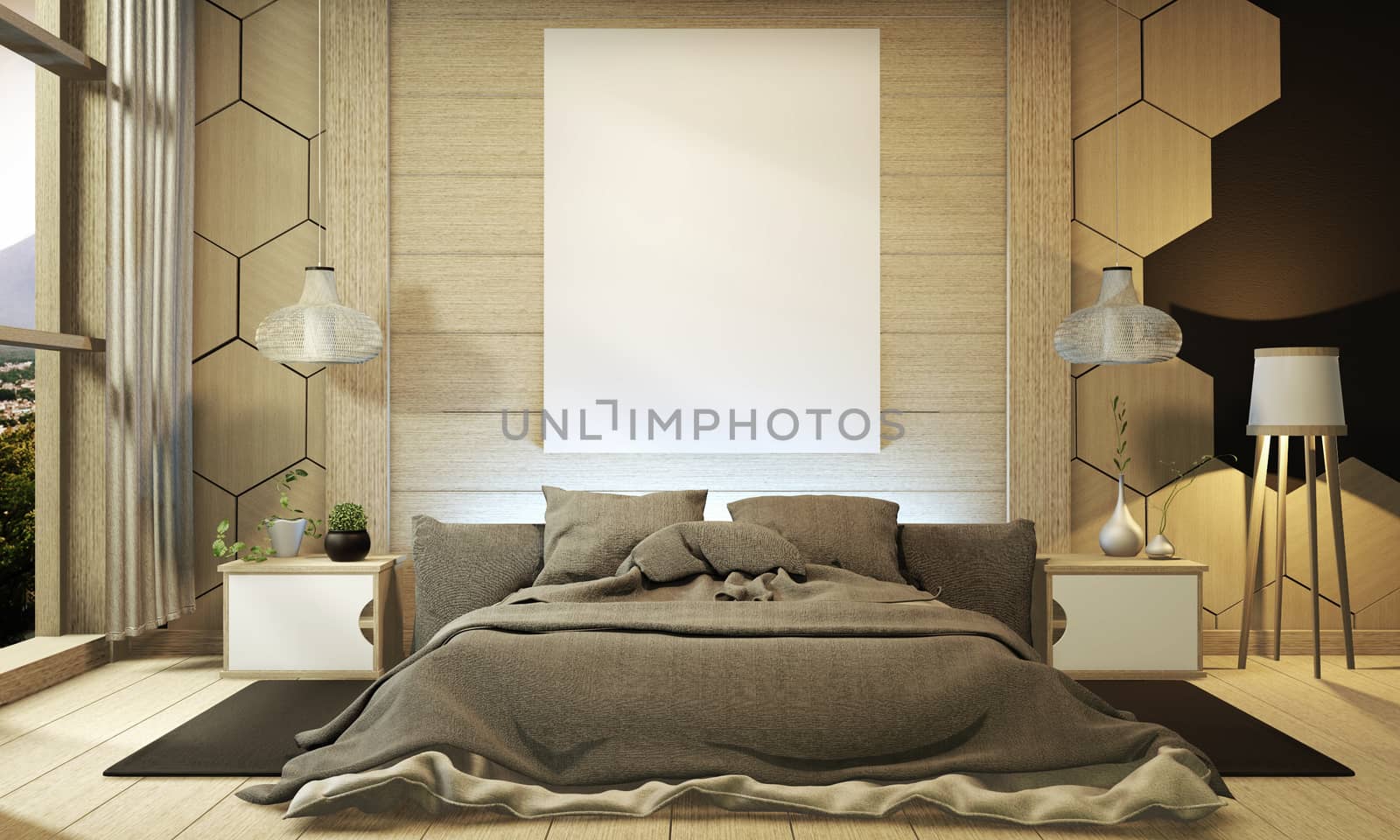 The modern bedroom is luxurious, Japanese style and looks at Mount Fuji in the window and can be edited with a view. 3D rendering