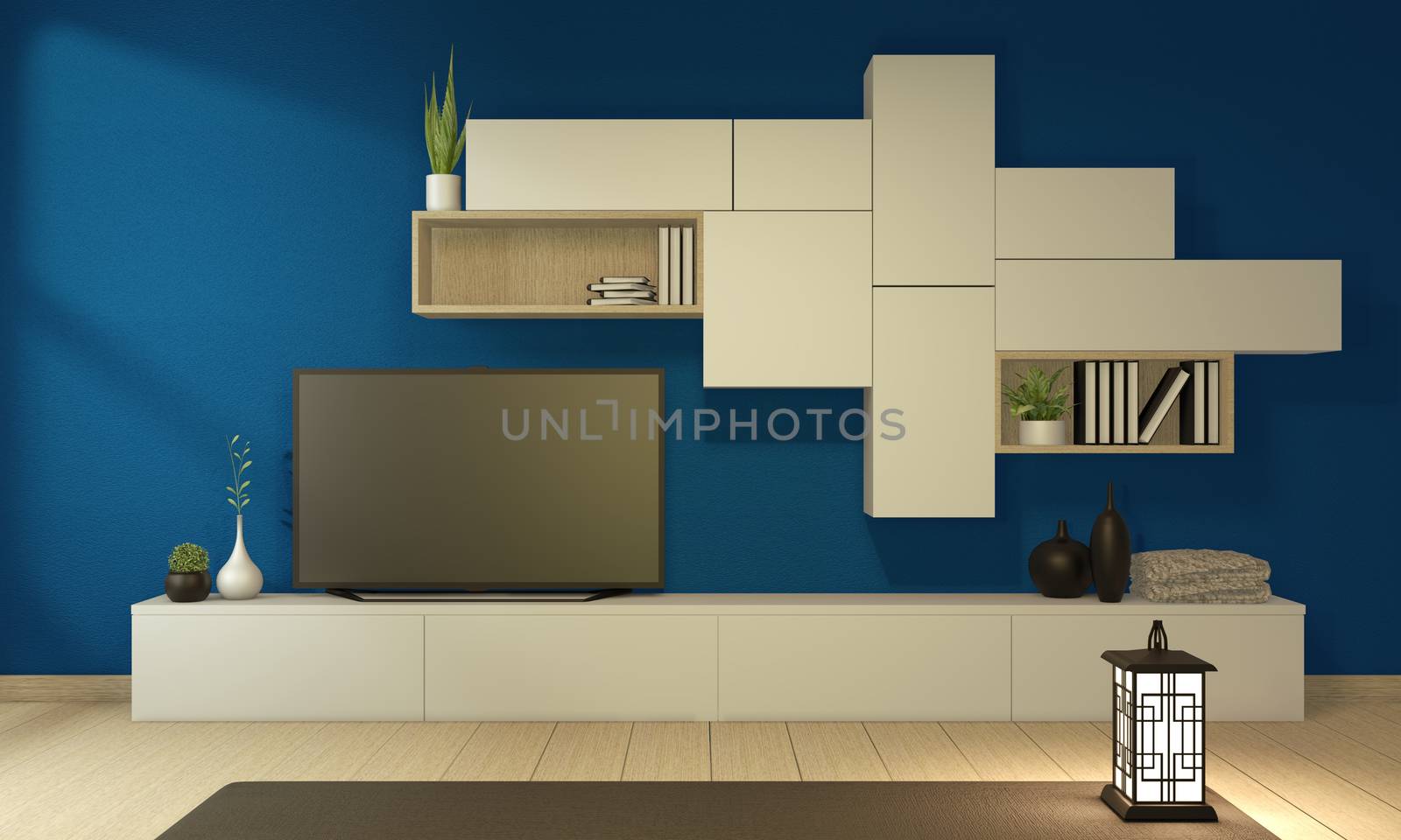 Tv cabinet in modern empty dark blue room Japanese - zen style,minimal designs. 3D rendering