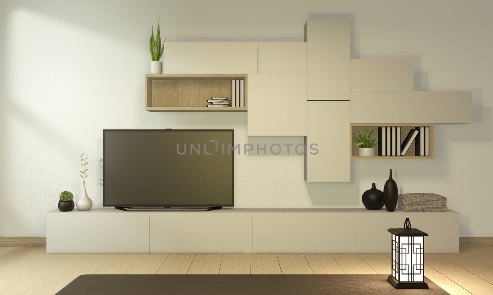 Tv cabinet in modern empty room Japanese - zen style,minimal designs. 3D rendering