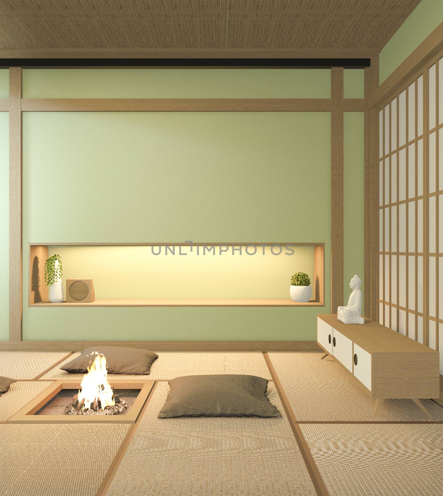 Nihon green room design interior with door paper and cabinet shelf wall on tatami mat floor room japanese style. 3D rendering