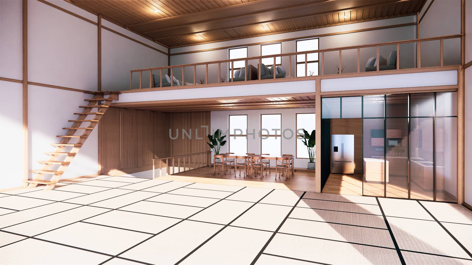 Japanese-style interior of the first floor in a two-story house. 3D rendering