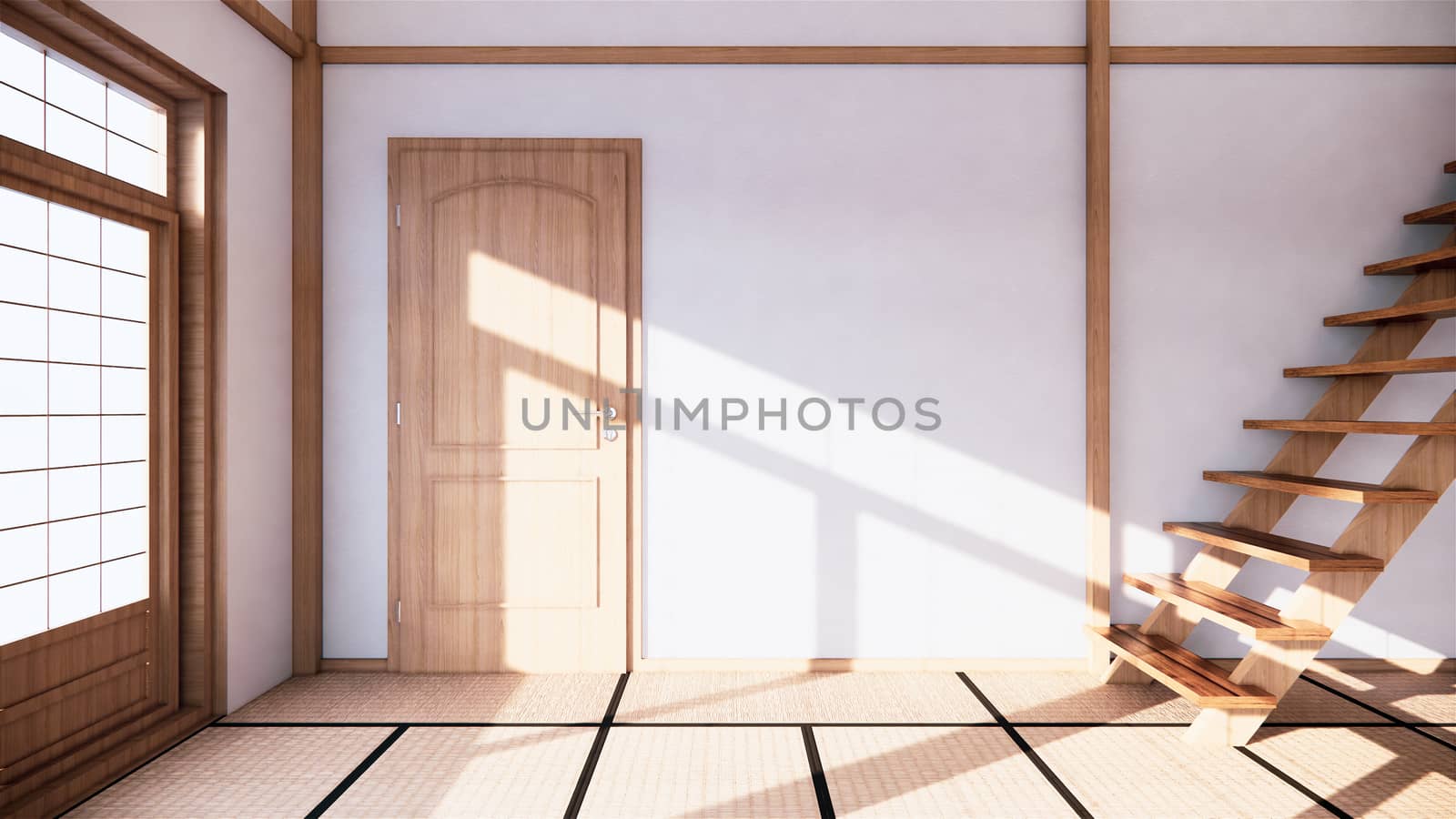 Japanese-style interior of the first floor in a two-story house. 3D rendering