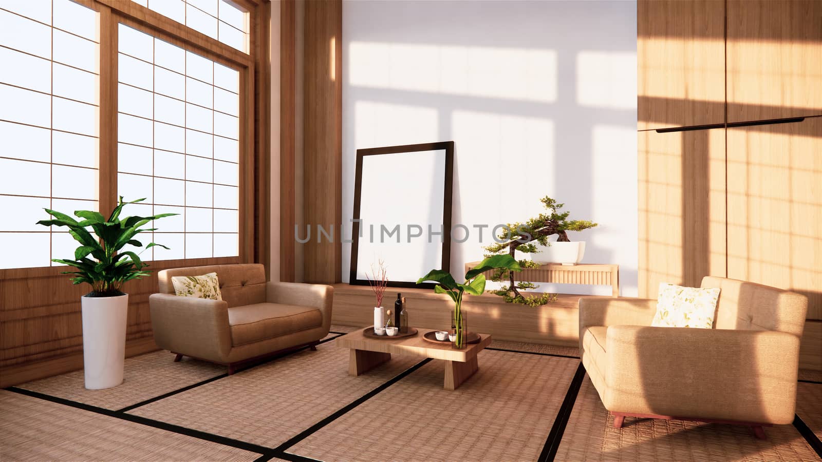 Sofa japanese style on room  japan and the white backdrop provides a window for editing.3D rendering