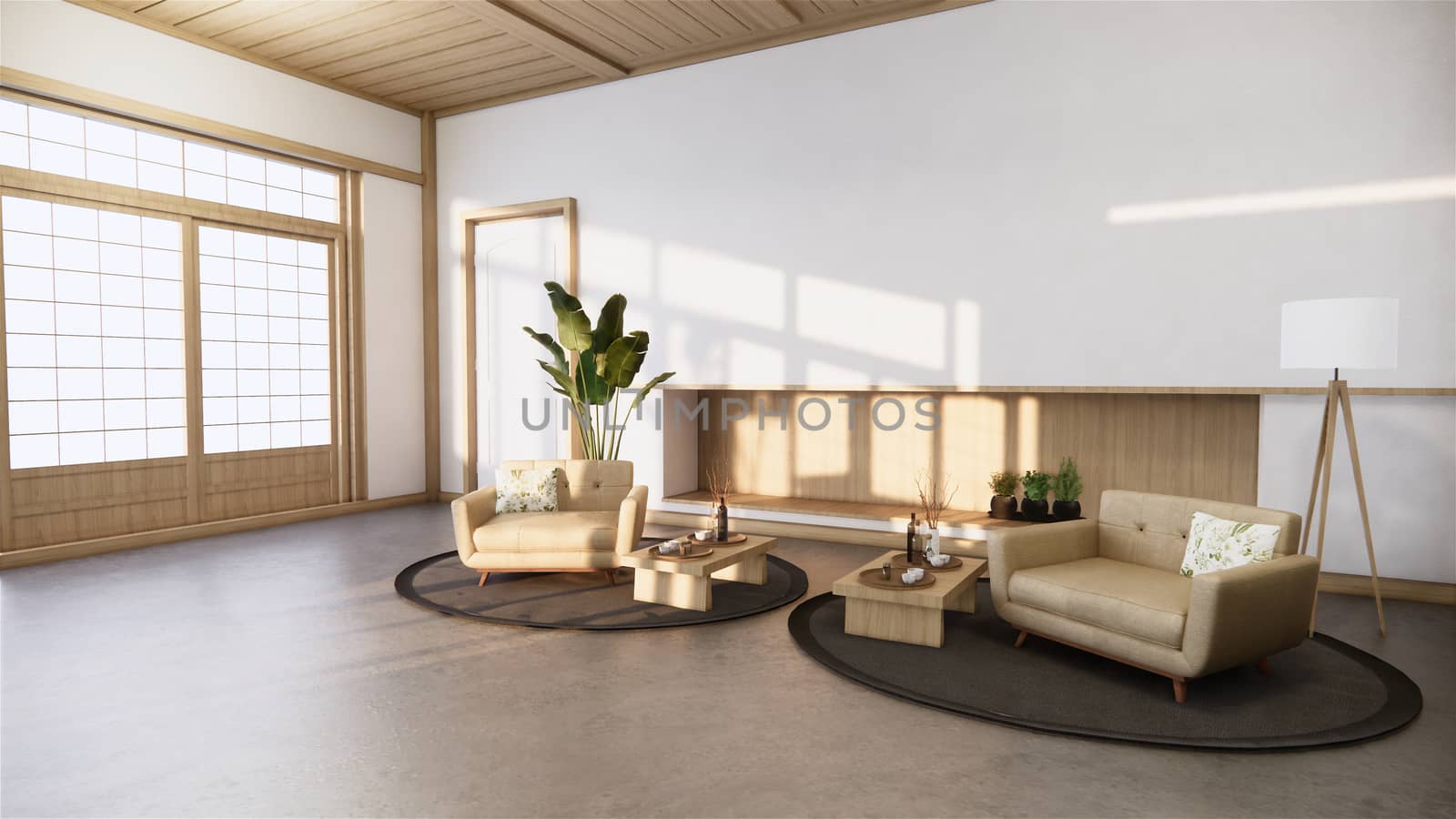 room zen style and decoraion wooden design, earth tone.3D rendering