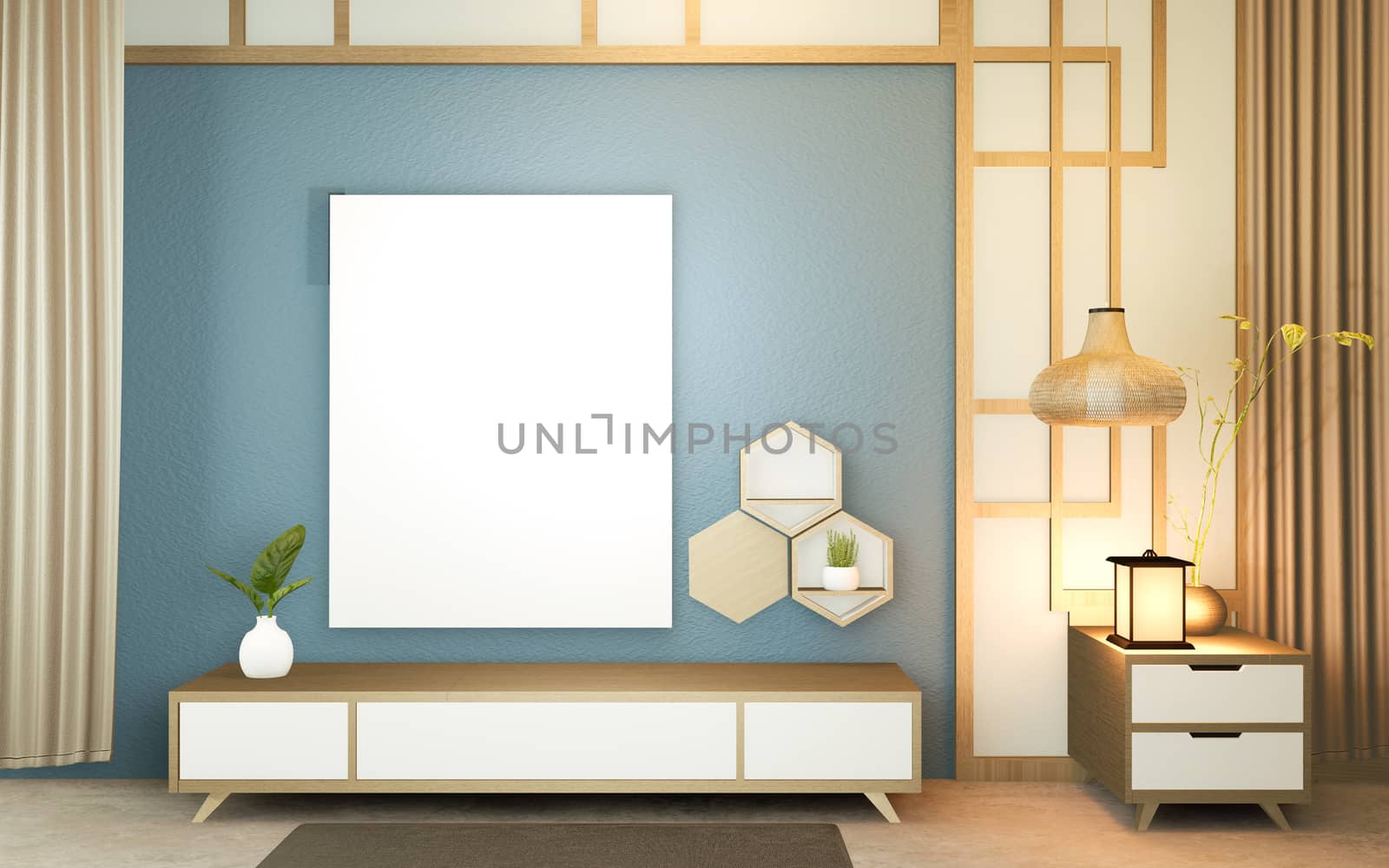 modern dark blue room,minimal design japanese style. 3d rendering