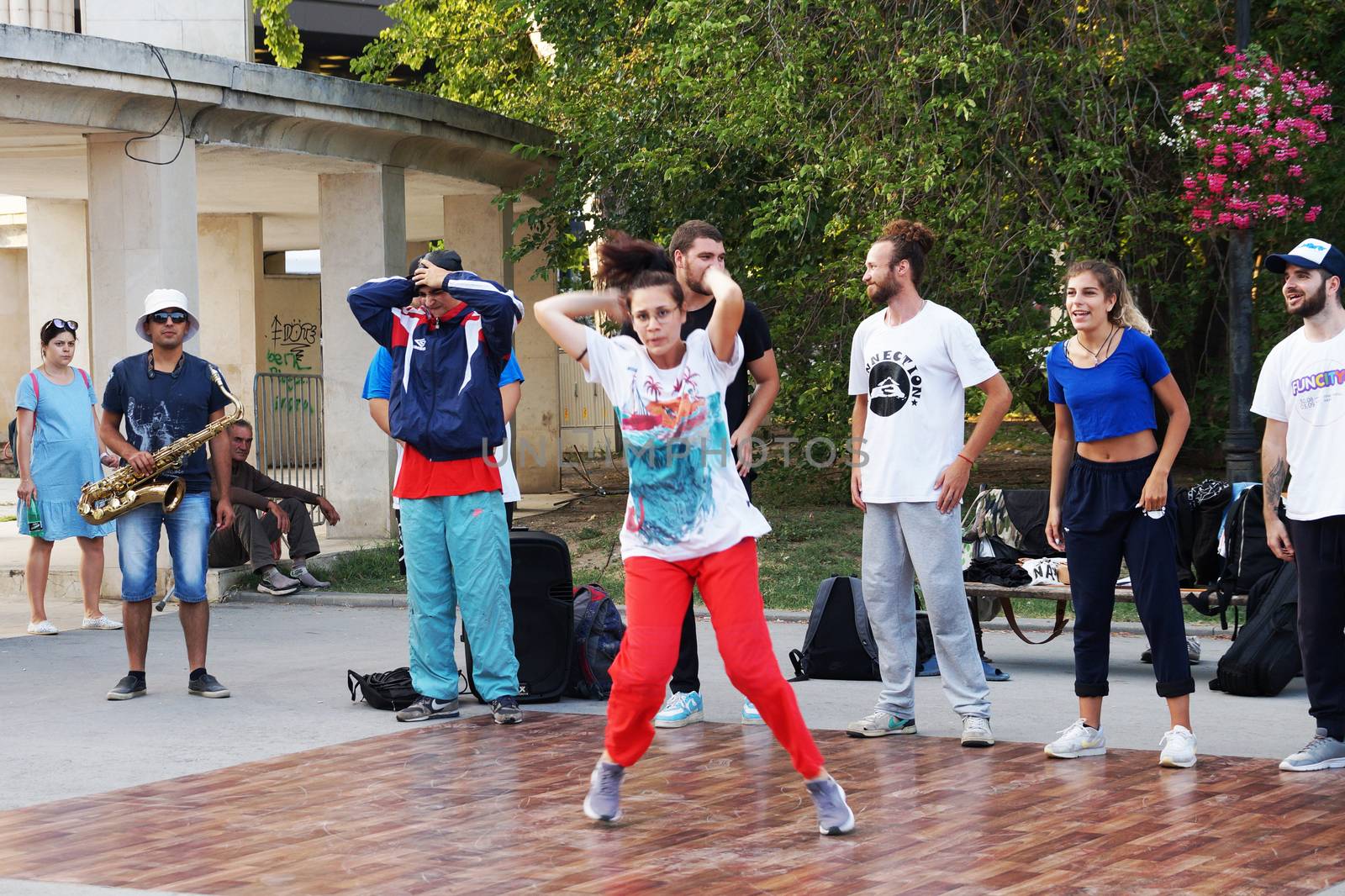 Varna, Bulgaria - July, 19, 2020: young street dancers and musicians show performance