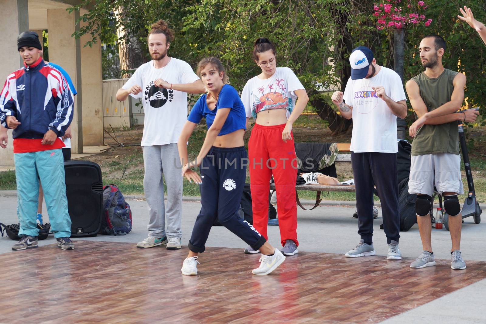 Varna, Bulgaria - July, 19, 2020: young street dancers and musicians show performance