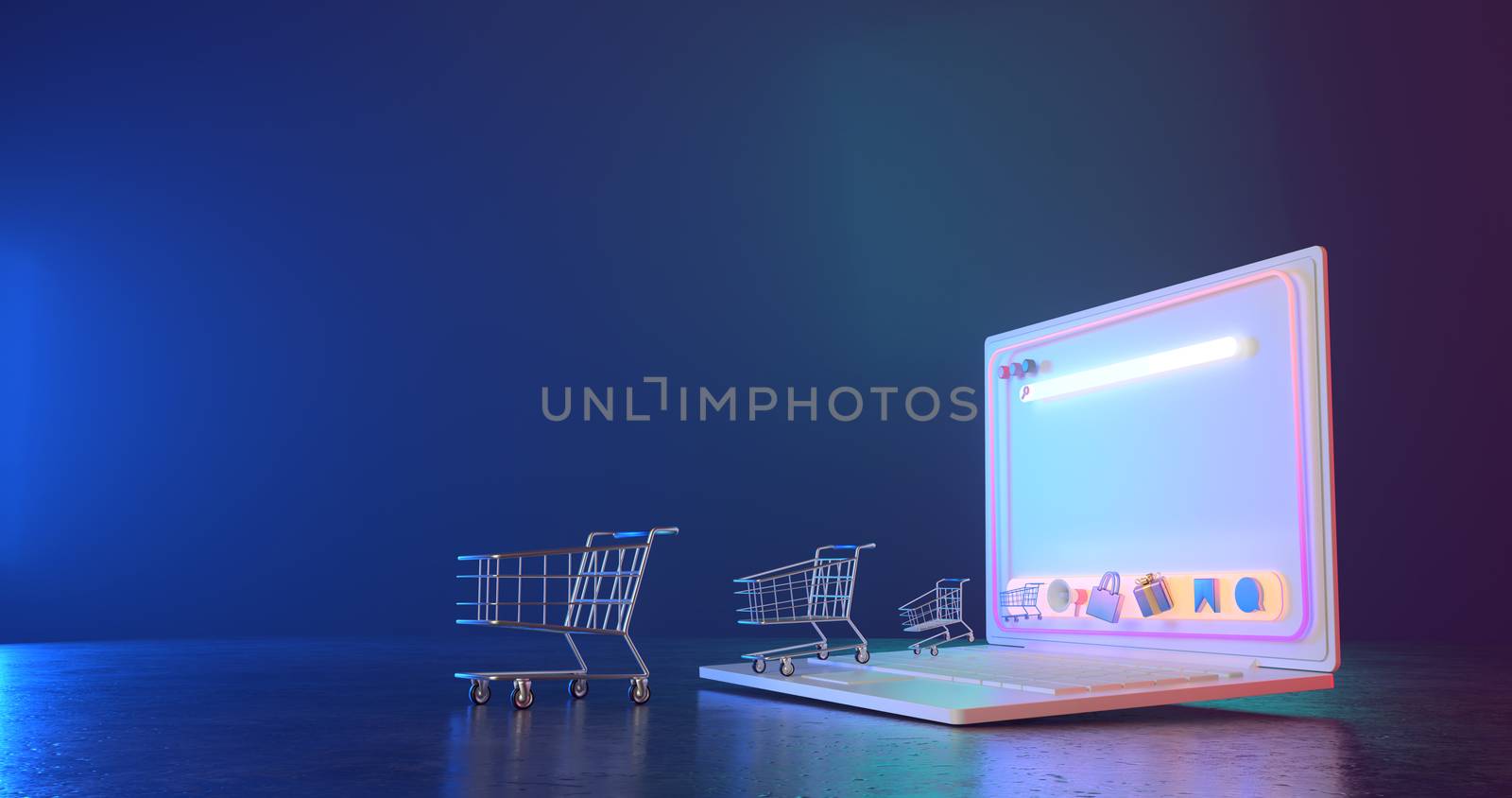 3d rendering of shopping cart and laptop on concrete floor.
