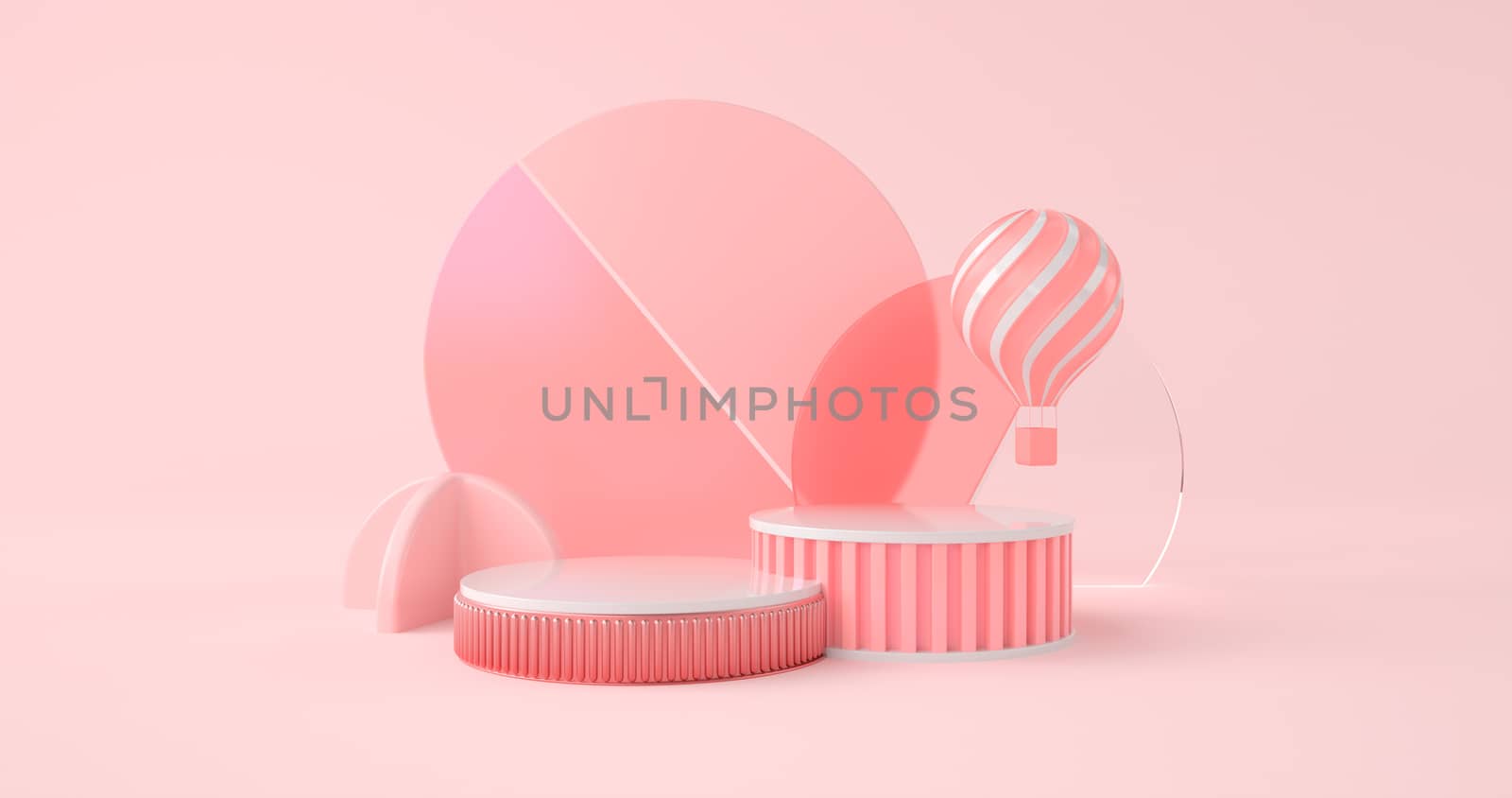 3d rendering of podium and balloon on pink backdrop.
