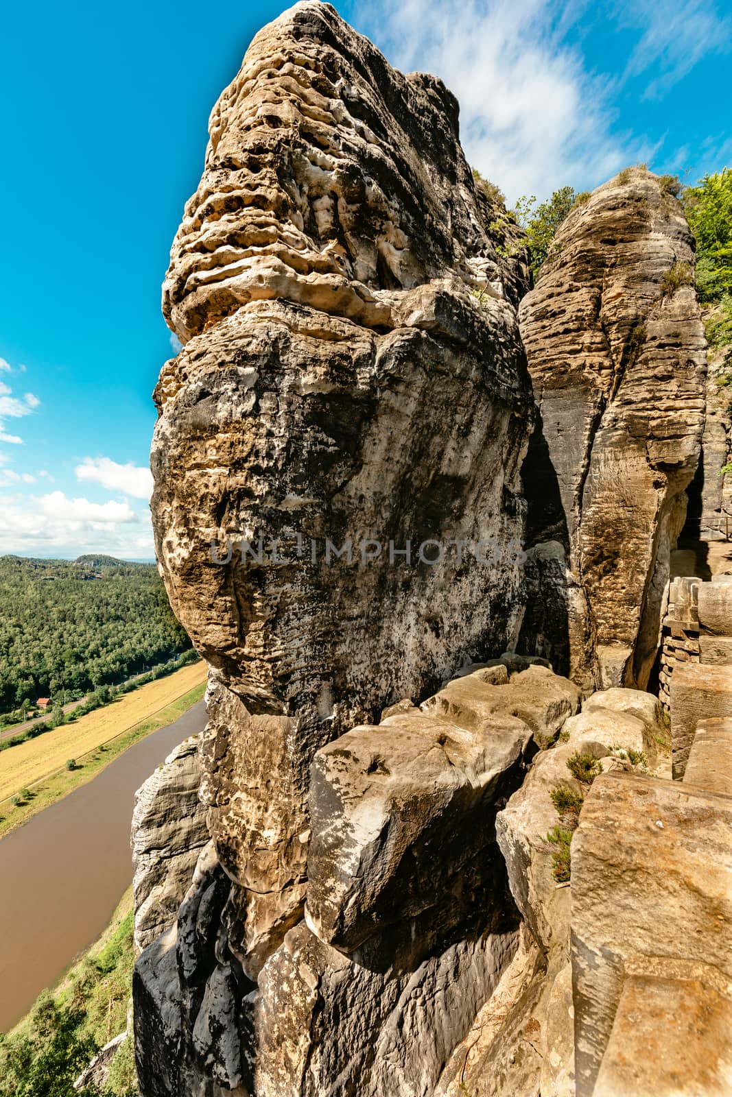 Bastei, head-shaped rocks, scenic view of the Bastei rock formation, known as Saxon Switzerland near Dresden, Saxony, Germany



