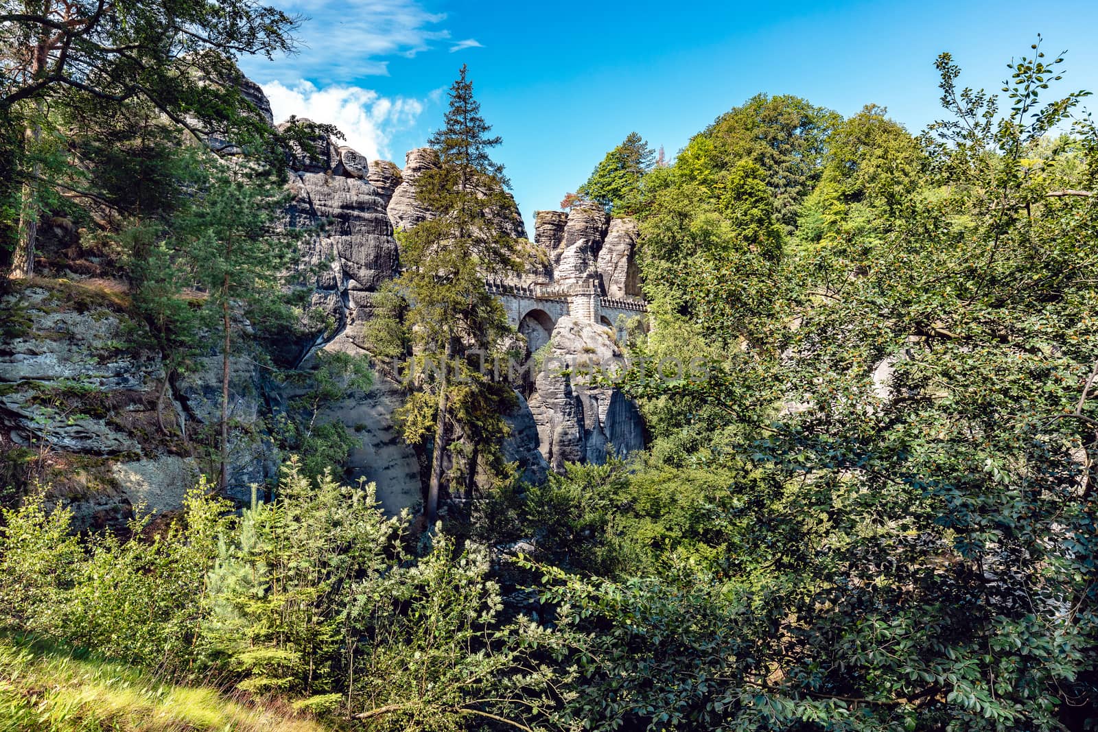 Bastei, view of the Bastei bridge. Bastei is famous for the beautiful rock formation in the Saxon Switzerland National Park near Dresden. Popular travel destination in Saxony.