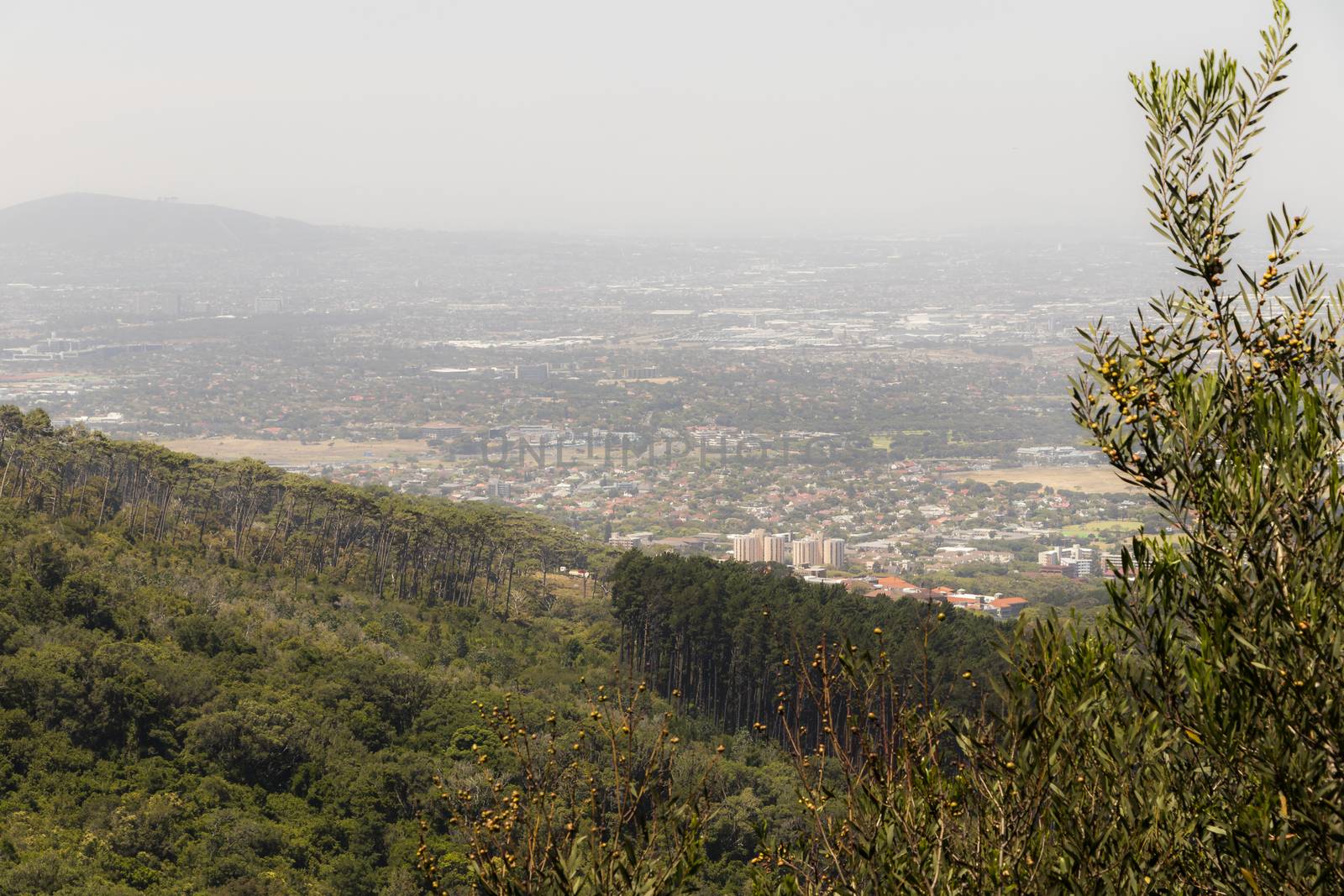 View from Table Mountain in Cape Town to the Claremont area and mountains in South Africa.