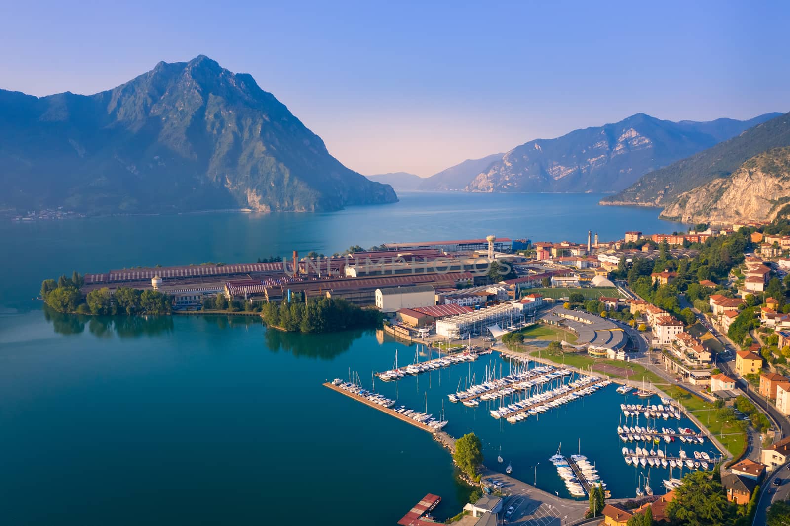 Drone view of Lake Iseo and port of Lovere at sunrise by Robertobinetti70