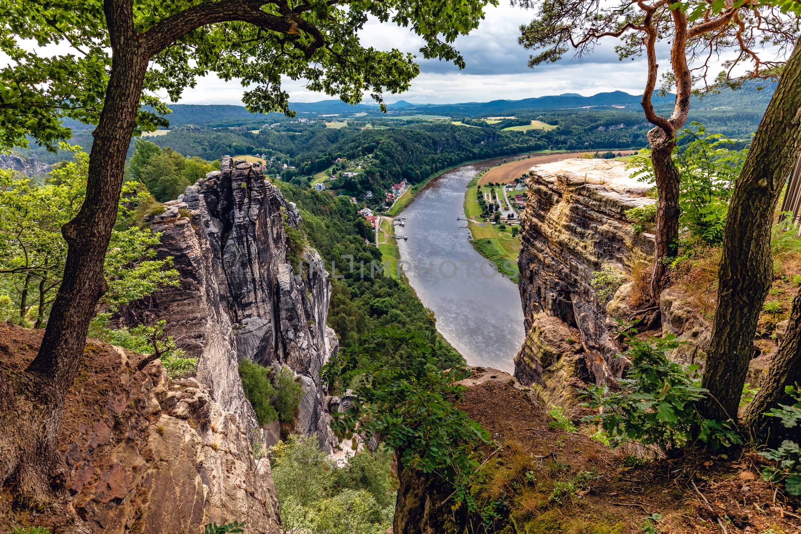 View of the Elbe valley from the Bastei mountains.