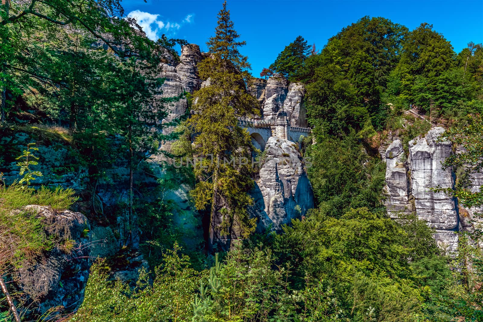 Bastei, view of the Bastei bridge. Bastei is famous for the beautiful rock formation in the Saxon Switzerland National Park near Dresden. Popular travel destination in Saxony.