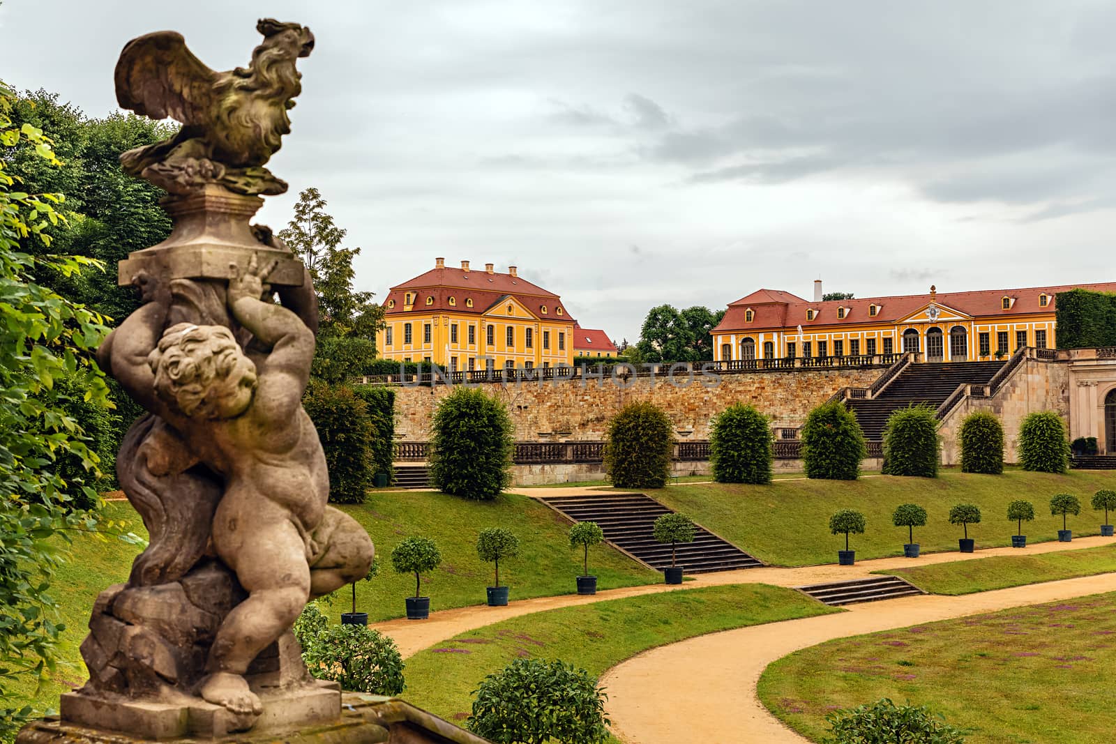 Friedrich Castle, orangery and statues in the Grosssedlitz Baroque Garden, near Dresden, Saxony, Germany