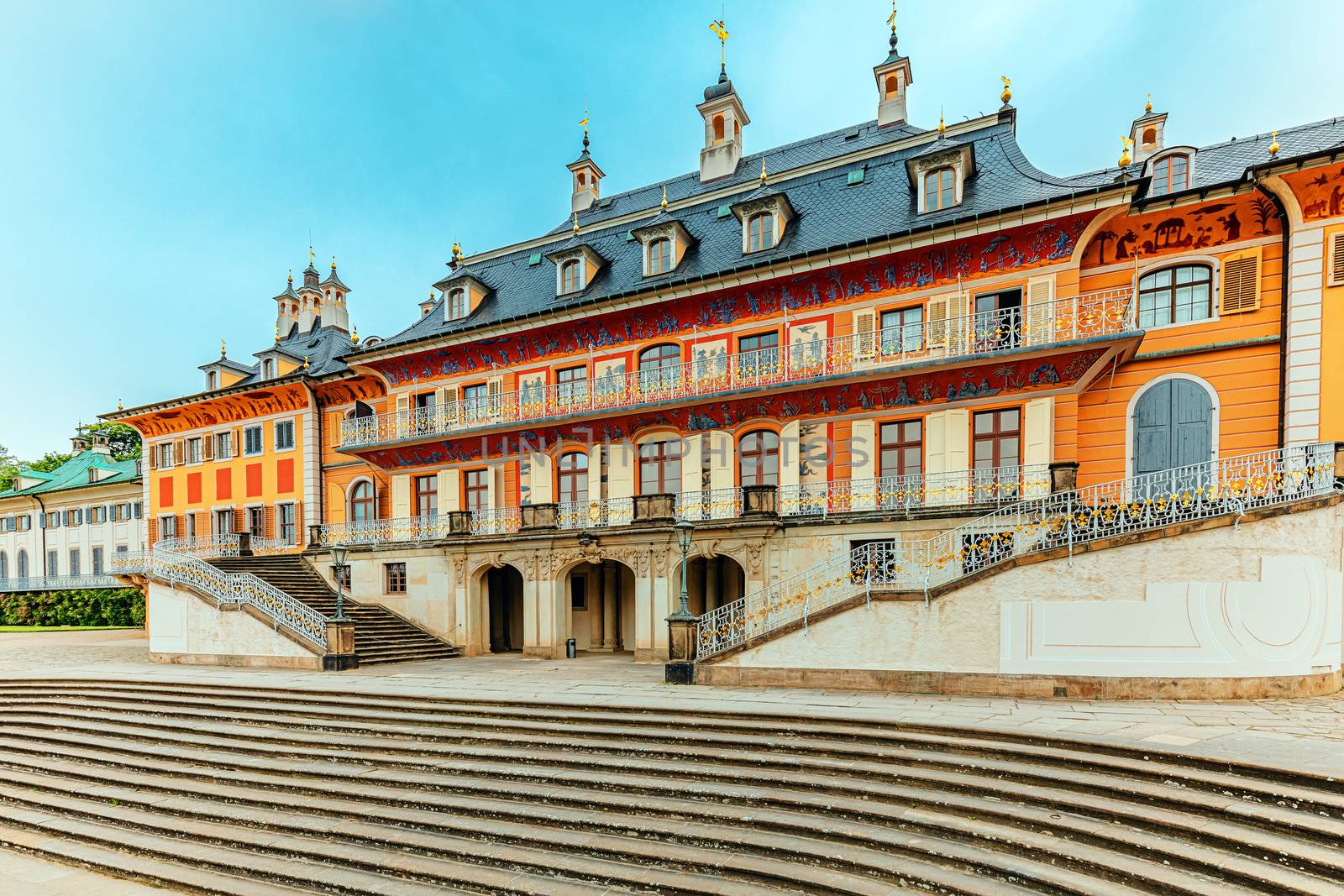 Pillnitz Castle near Dresden, central pavilion of the Wasserpalais with the stairs, on the banks of the Elba, Germany, Europe