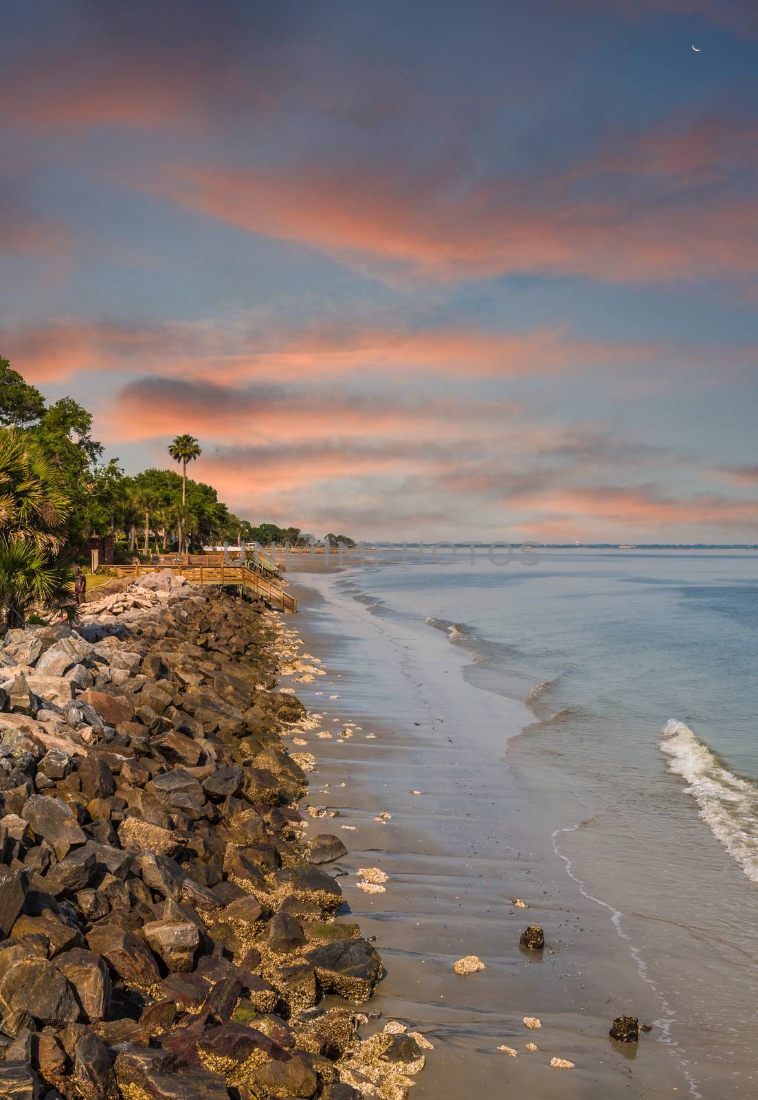 A rock seawall along a barrier island in Georgia