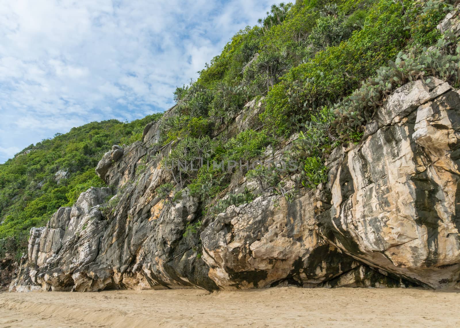 Khao Kalok rock or stone mountain on Khao Kalok beach in Thailand. Natural attractions in Thailand travel. The Khao Kalok rock mountain and green tree background