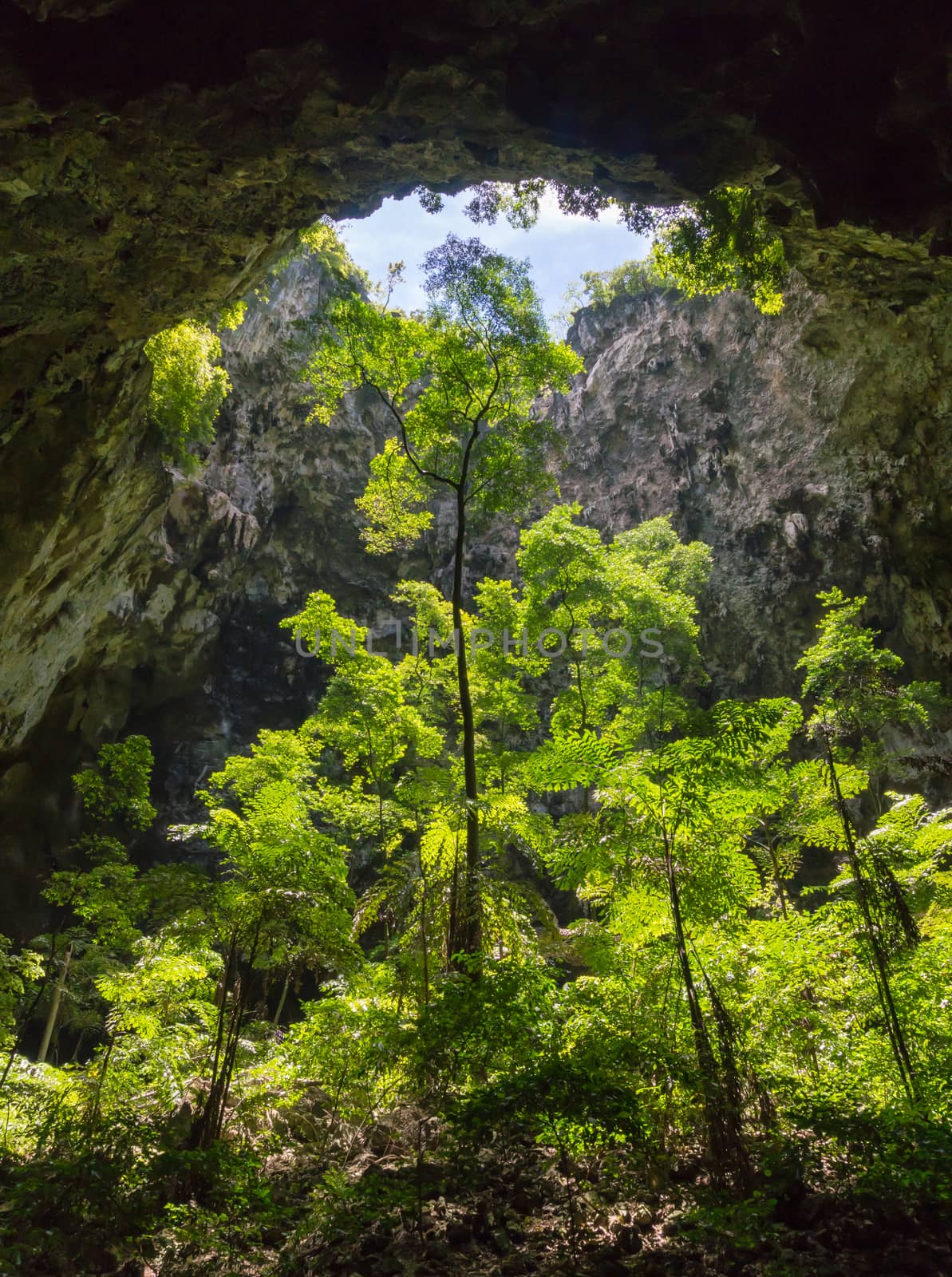 Sun light hole in Phraya Nakhon Cave with green tree and blue sky and cloud at Prachuap Khiri Khan Thailand. Natural cave in unseen Thailand