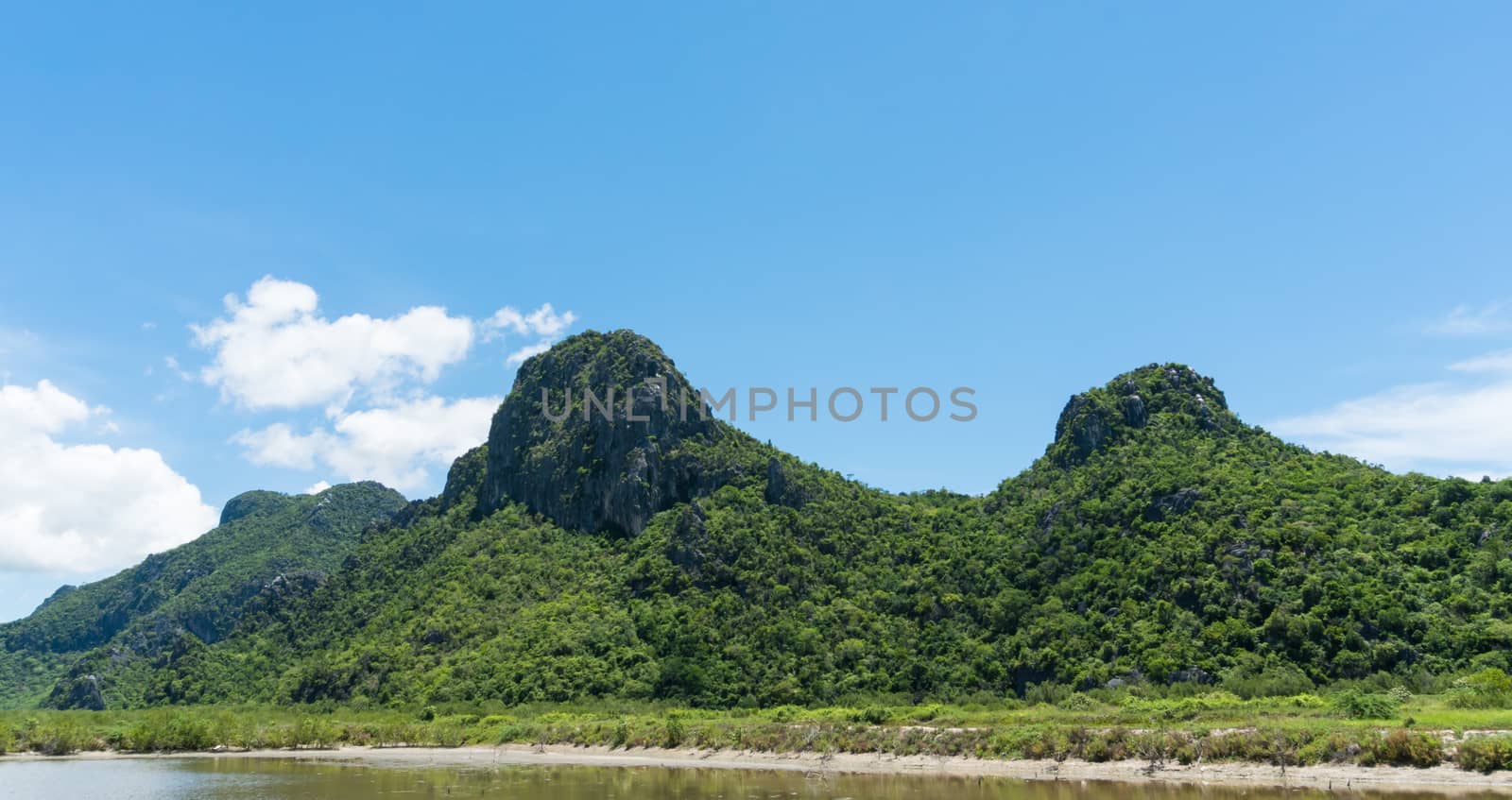 Khao Dang stone or rock mountain or hill at Prachuap Khiri Khan Thailand. Natural landscape or scenery in summer concept