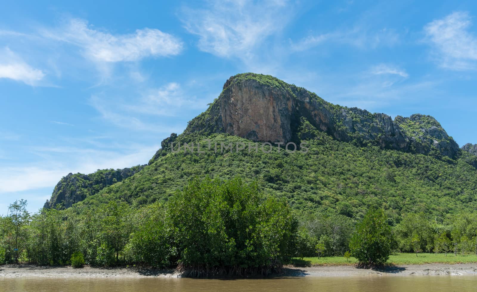 Khao Dang stone or rock mountain or hill at Prachuap Khiri Khan Thailand. Natural landscape or scenery in summer concept