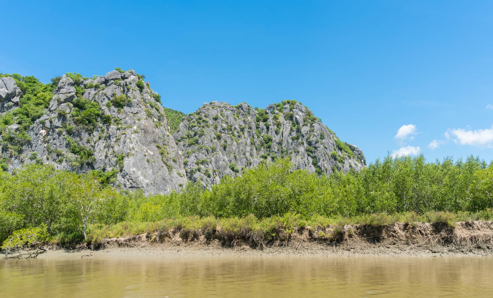 Stone or rock mountain or hill with green tree and blue sky and water and cloud at Khao Dang canal Prachuap Khiri Khan Thailand. Landscape or scenery summer concept for boat trip