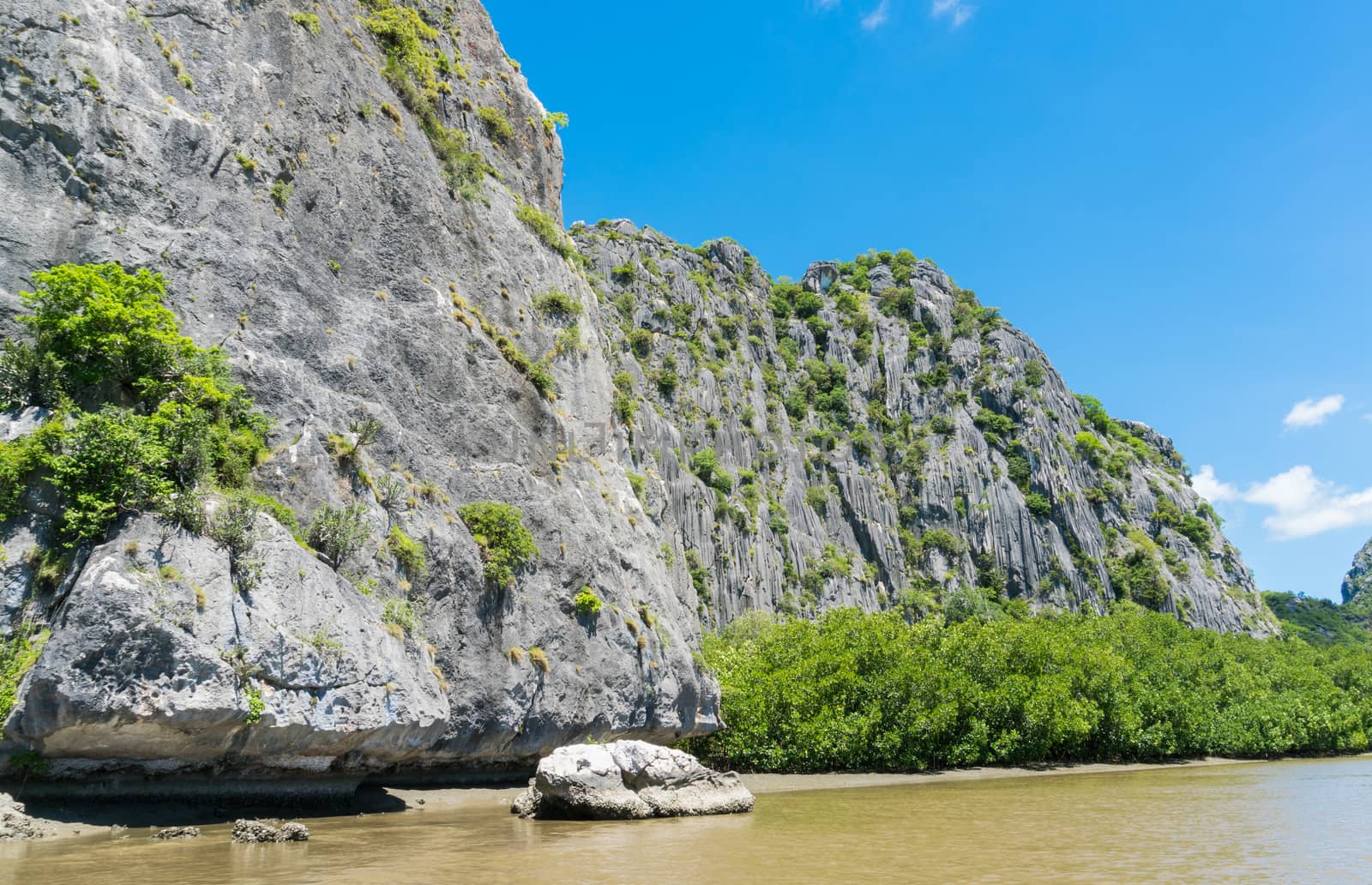 Stone or rock mountain or hill with green tree and blue sky and water and cloud at Khao Dang canal Prachuap Khiri Khan Thailand. Landscape or scenery summer concept for boat trip