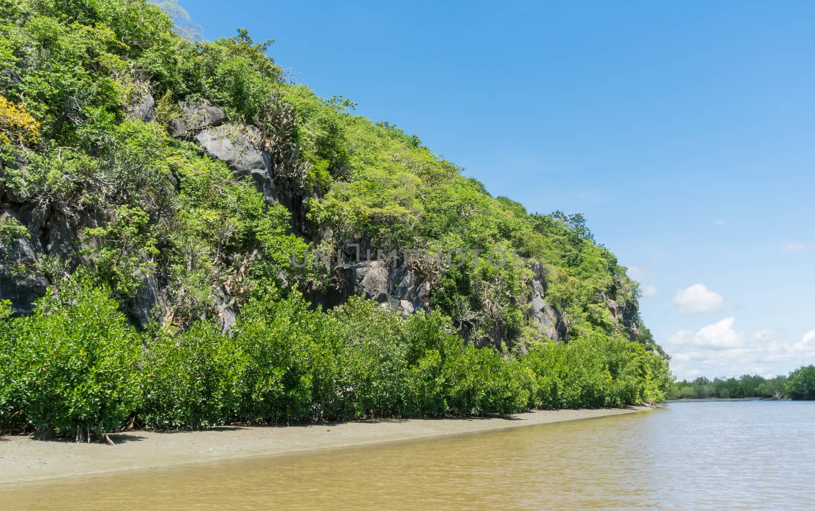 Stone or rock mountain or hill with green tree and blue sky and water and cloud at Khao Dang canal Prachuap Khiri Khan Thailand. Landscape or scenery summer concept for boat trip