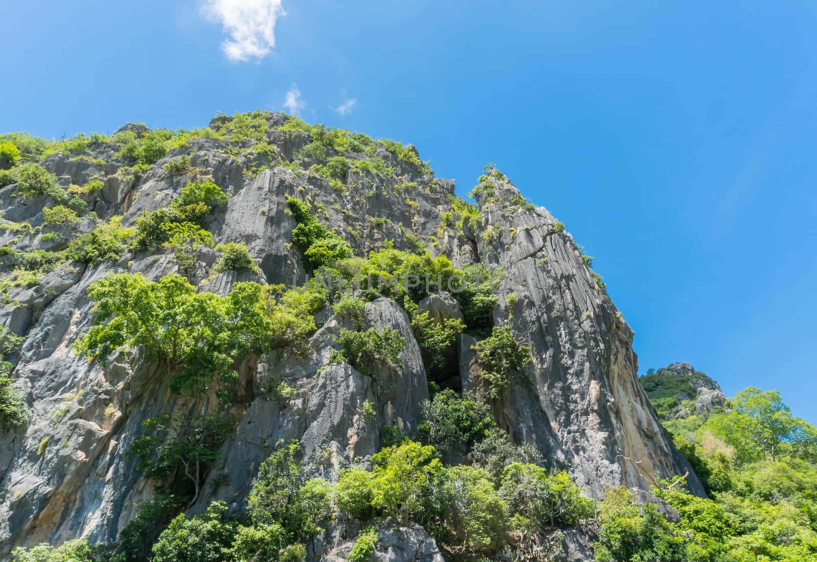 Stone or rock mountain or hill with green tree and blue sky and water and cloud at Khao Dang canal Prachuap Khiri Khan Thailand. Landscape or 
scenery summer concept for boat trip