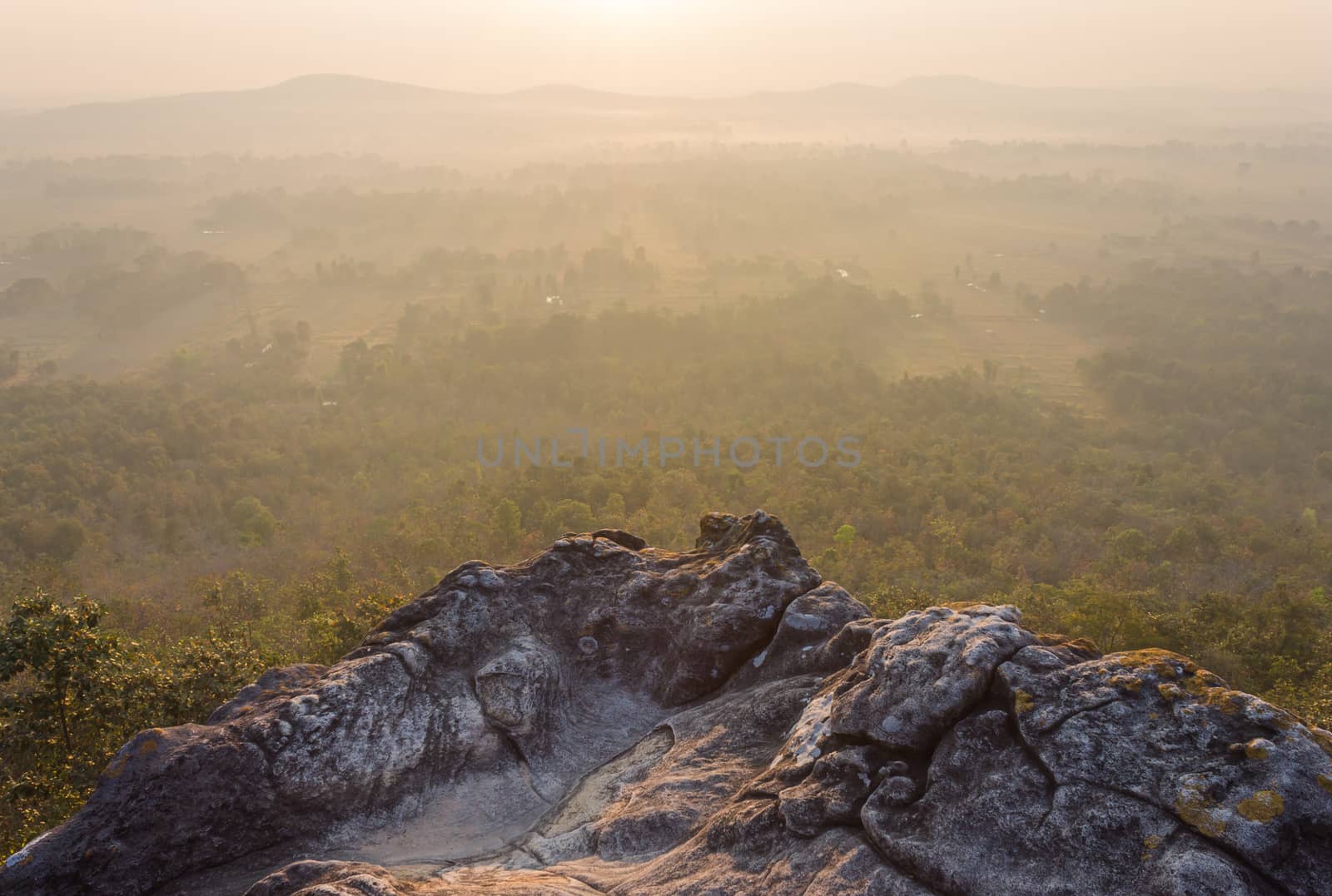 Pha Hua Rue Rock Cliff Mountain Hill Phayao Attractions Thailand with Warm Sun Light and Green Tree Landscape Top. Natural stone or rock mountain hill at Phayao northern Thailand travel