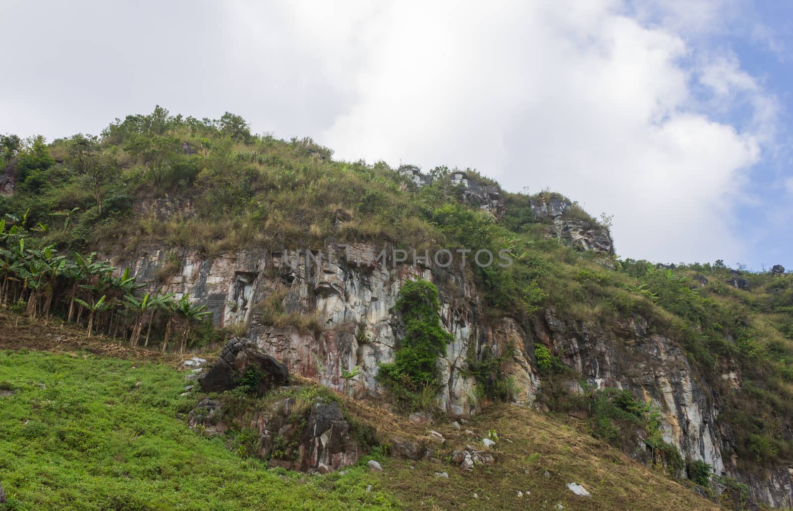 Stone or Rock Mountain with Grass Sky and Cloud on Phu Chi Fa Forest Park. Landscape Phu Chi Fa Forest Park view point Chiang Rai northern Thailand travel