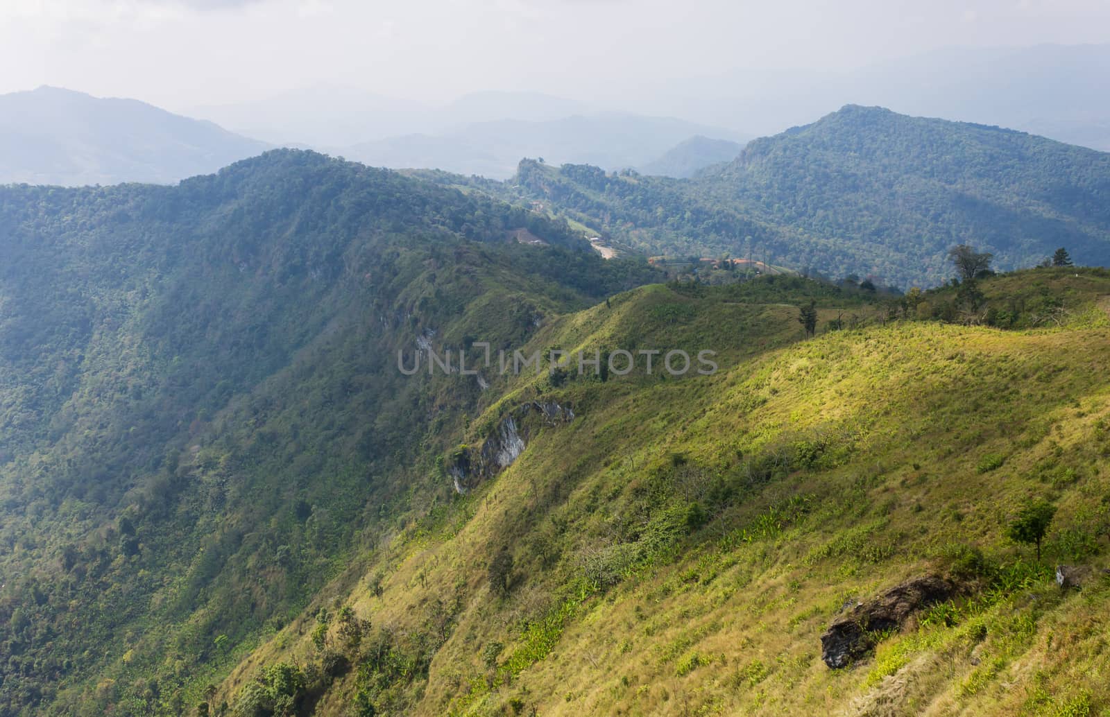 Green Landscape Mountain with Meadow Sky and Cloud at Phu Chi Fa Forest Park Thailand. Landscape Phu Chi Fa Forest Park view point Chiang Rai northern Thailand travel