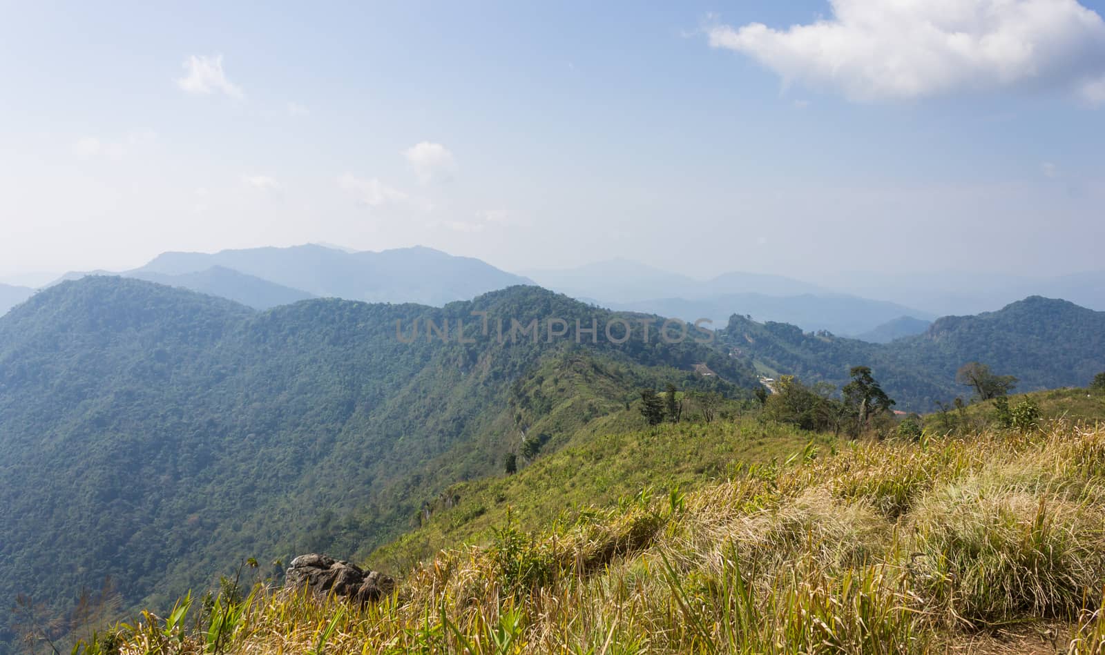 Phu Chi Fa Forest Park with Grass Field Green Mountain Sky and Cloud Wide. Phu Chi Fa forest park view point Chiang Rai Northern Thailand travel