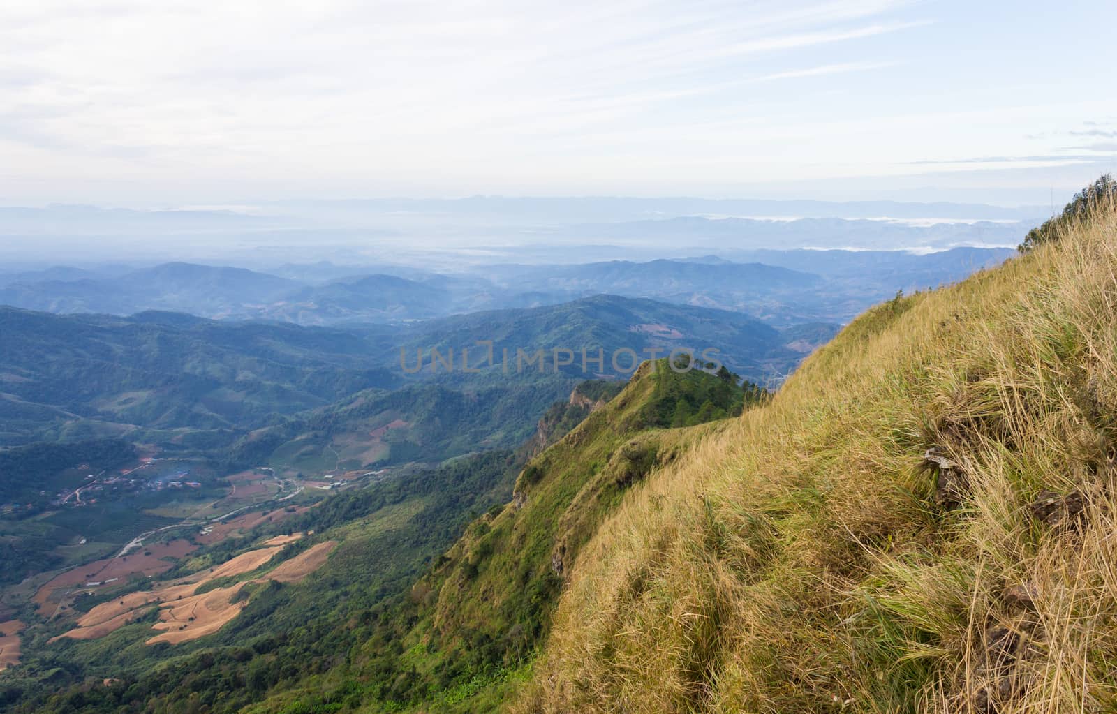 Phu Nom Landscape at Phu Langka National Park Phayao Thailand Travel Wide. Phu Nom landscape wide angle with mountain cloud sky and village at Phayao Thailand. Northern 
Thailand travel