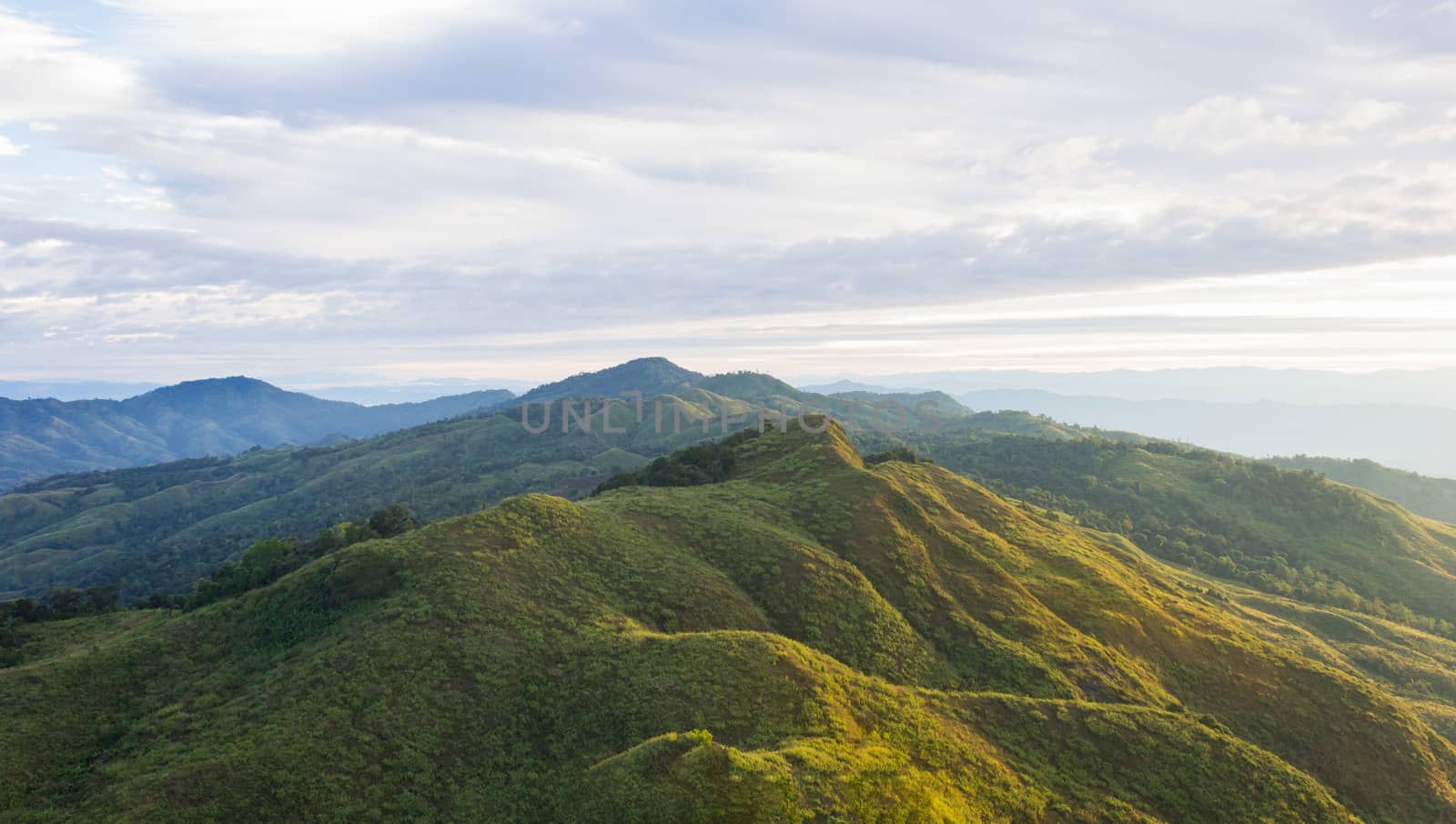 Landscape Phu Langka Mountain National Park Phayao Thailand Travel Wide. Green tree mountain and cloud sky and warm sun light at Phu Langka national park view point 
Phayao Thailand. Northern Thailand travel