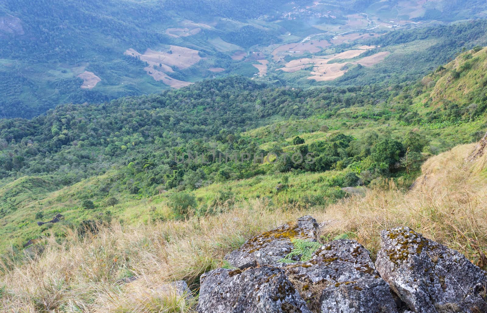 Landscape Phu Langka National Park View Point and Stone Phayao Thailand Travel. Phu Langka national park view point with mountain sky fog cloud and village at bottom