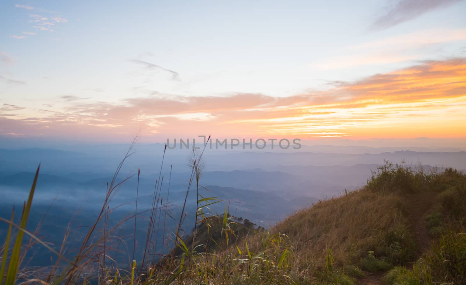 Gold Sunset Light with Mountain and Blue Sky and Grass Field at Twilight. Twilight Landscape Phu Nom at Phu Langka National Park Thailand. Thailand Travel Phu Langka National 
Park