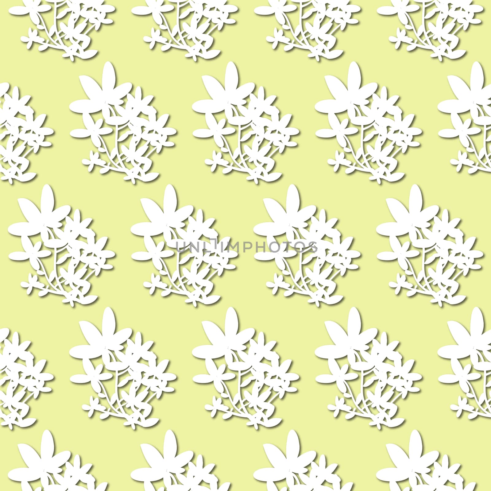 White plant, flowers silhouette on pale green background, seamless pattern. Paper cut style with drop shadows and highlights.