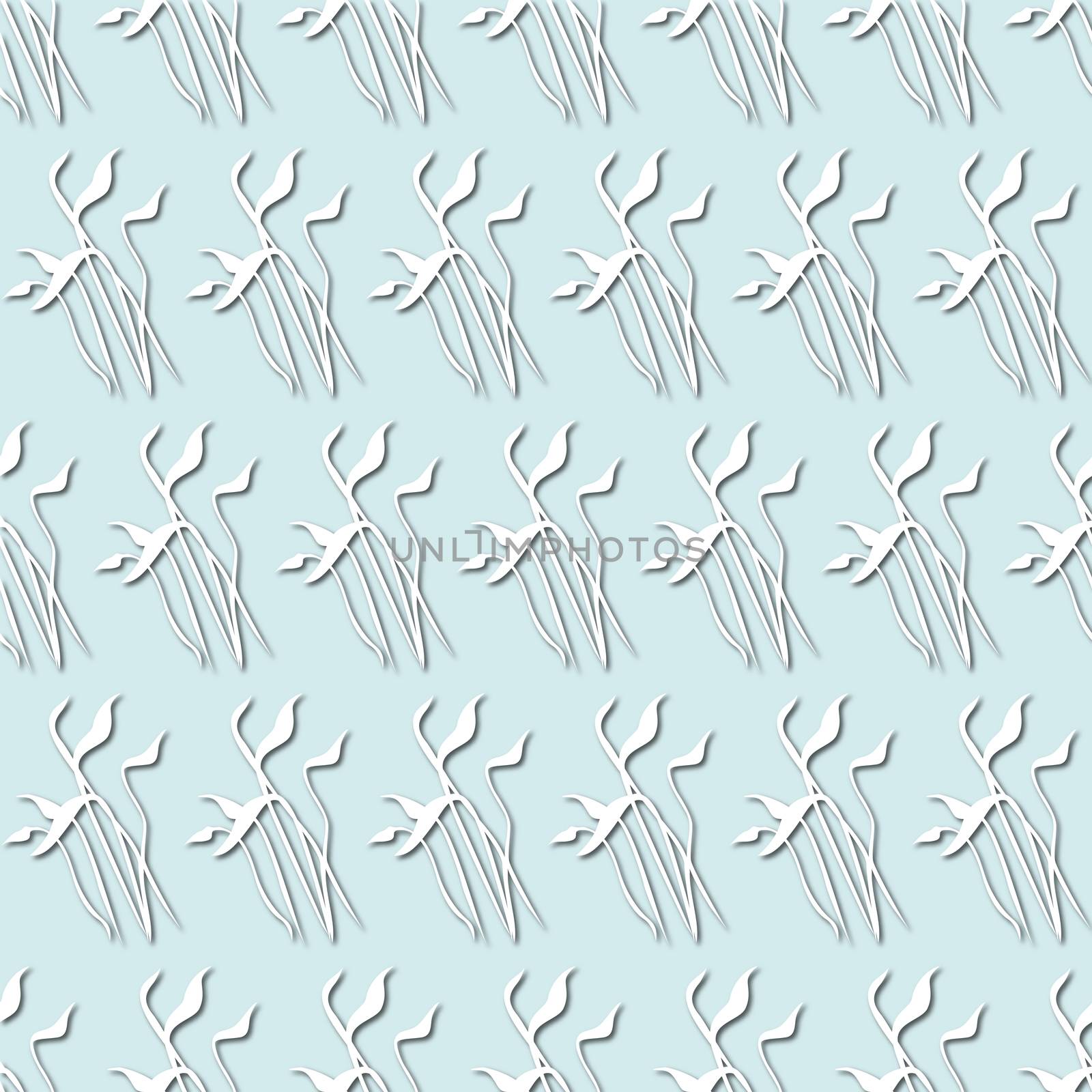 White plant, flowers silhouette on pale blue background, seamless pattern. Paper cut style with drop shadows and highlights.
