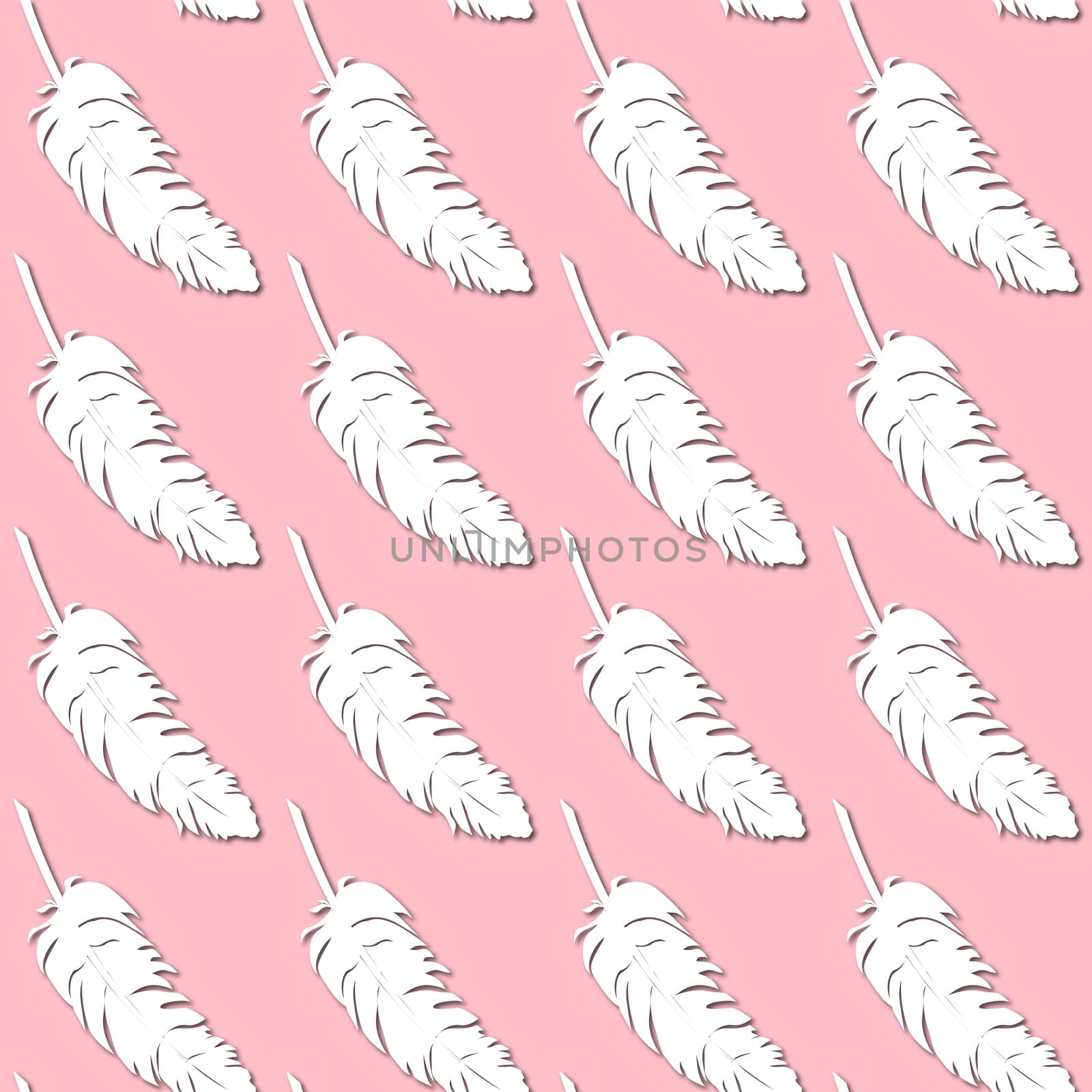 White bird's feather silhouette on pale pink background, seamless pattern. Paper cut style with drop shadows and highlights.