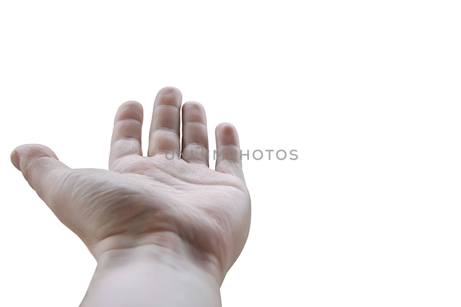 the palm of the person's hand is pointed up on a white isolated background